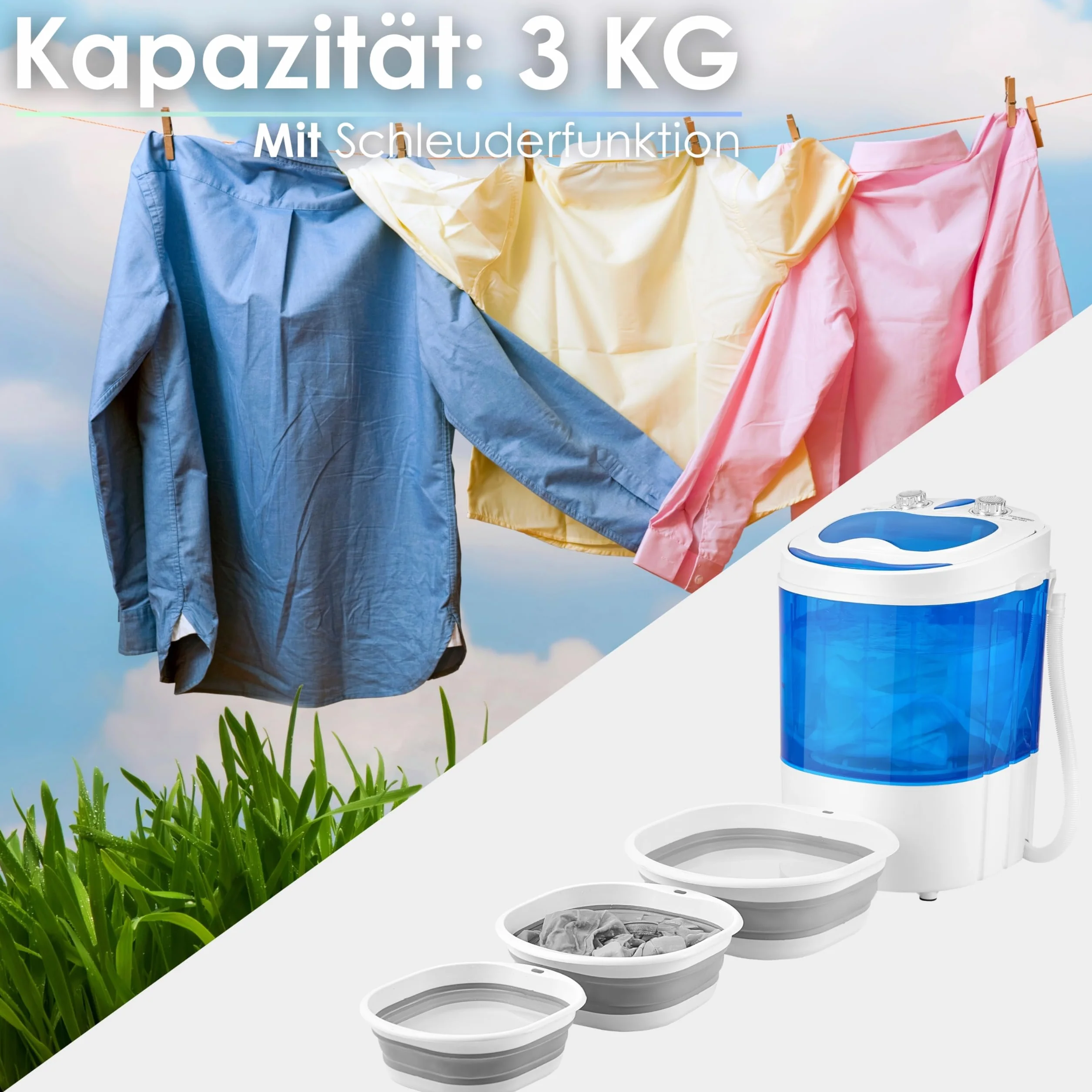 Mini Waschmaschine mit Schleuder Waschautomat bis 3 KG 2 Kammern Schleuderkammer bis 1 Kg Reisewaschmaschine Camping Mobile Waschmaschine Toploader Miniwaschmaschine