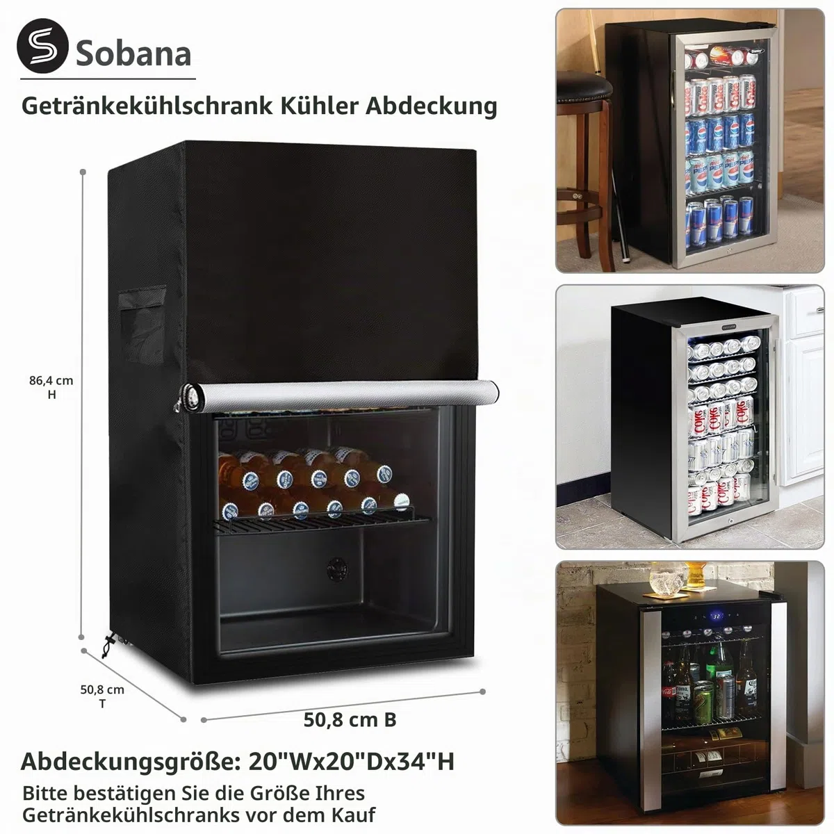 Getränke-Kühlschrank- und Kühler-Abdeckung für die meisten 3,2 Cu.ft Bier- oder Wein-Mini-Kühlschränke, wasserdicht, staubdicht, Anti-UV-Seiten, Reißverschluss kann geöffnet werden (50,8 cm B x