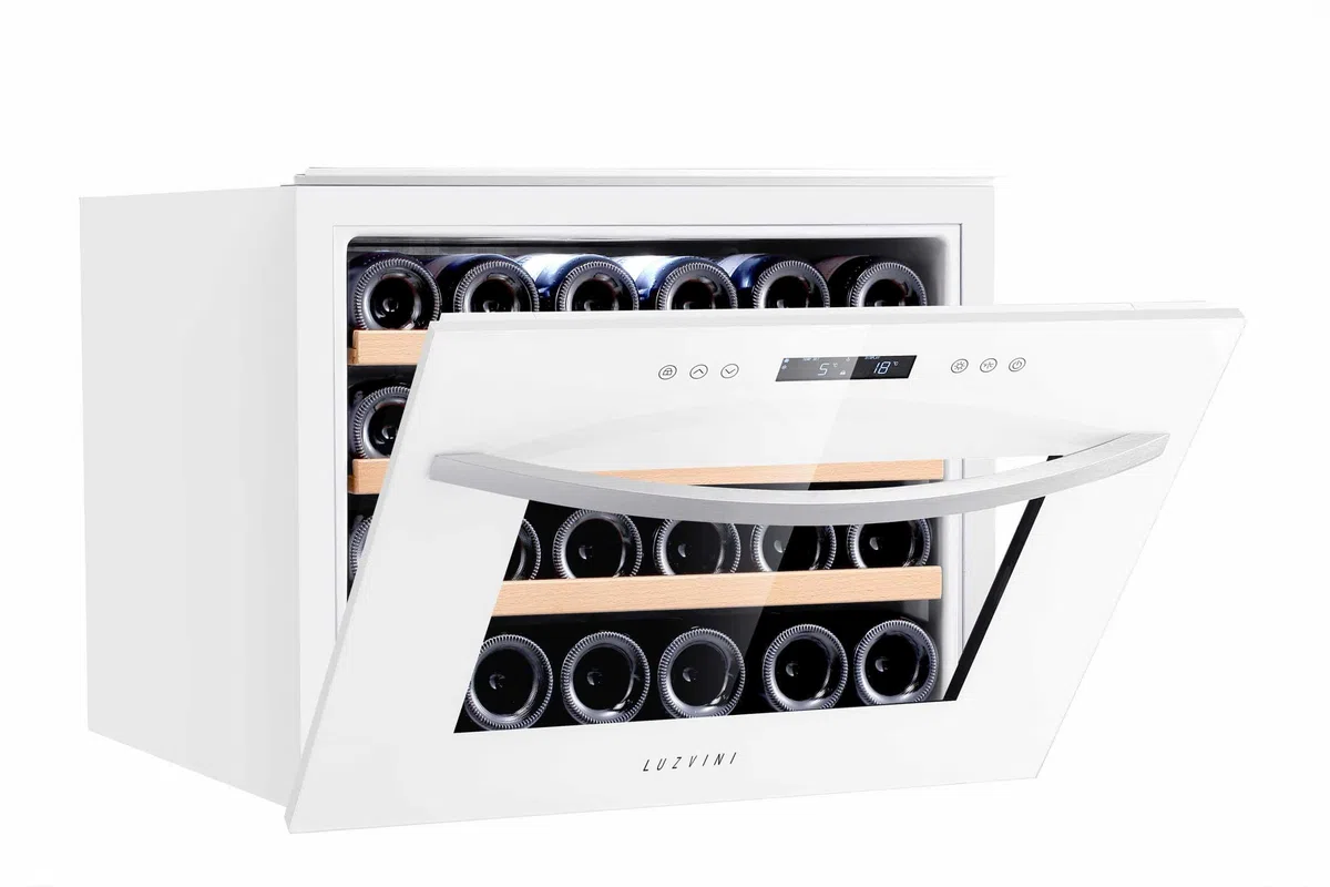LV22W Weißer Einbau-Weinkühlschrank - 2 Zonen - Vollglas-Designtür, 22 Flaschen, 41 dB, 60 cm breit und 3 ausziehbare Schubladen aus Buchenholz