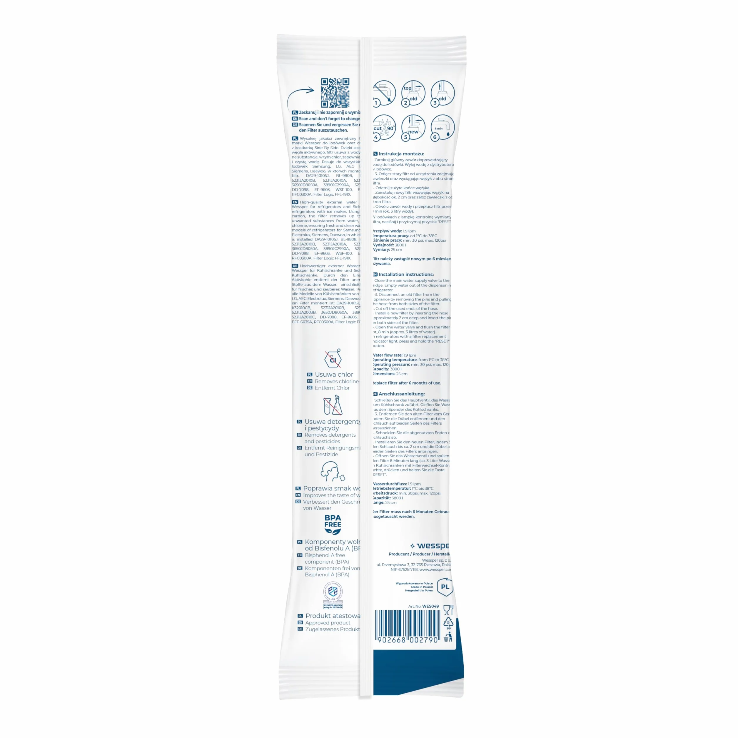 Wessper Kühlschrank Wasserfilter Ersatz für Samsung Side By Side, LG, AEG, HAIER, Whirpool, DA29-10105J, HAFEX/EXP, DA99-02131B, WSF-100, EF9603, USC-100, 4 Stück