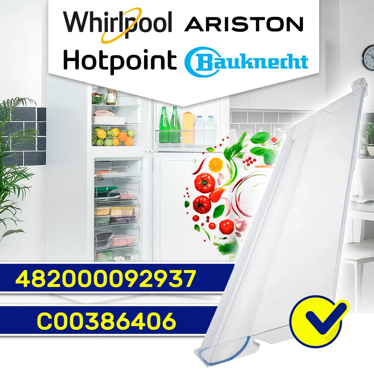 Vorderseite des Ablage im Gefrierfach 450x205x27 mm mit dem Originalcode C00386406 für Whirlpool - Garantie 10 Jahre - MONTERAL