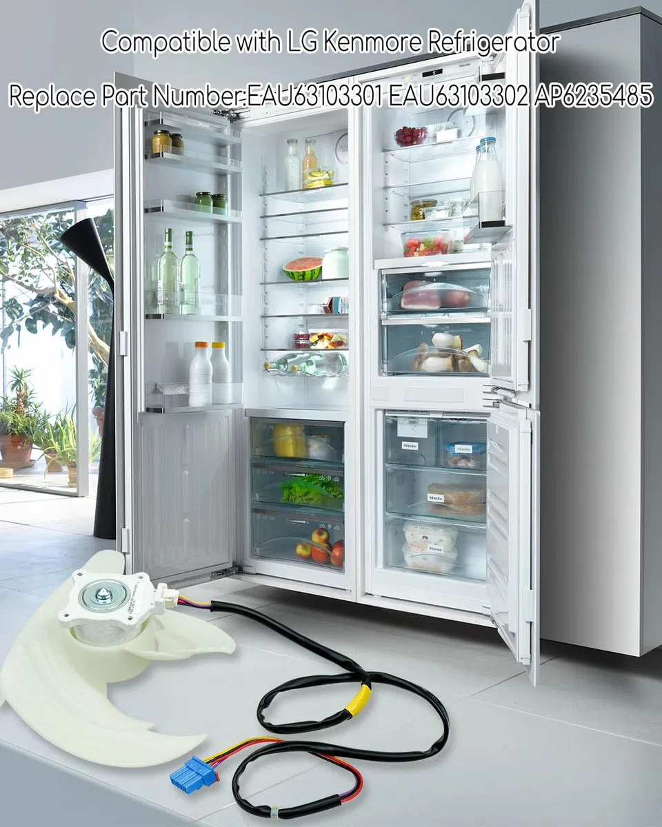 Kühlschrank-Kondensator-Lüftermotor-Baugruppe EAU63103301, passend für LG und Kenmore Elite, ersetzt EAU63103302 ODM-033F-5B71 AP6235485 4509126 Elektronik-Eisbereiter-Kühlventilatormotor, DC12V 1A