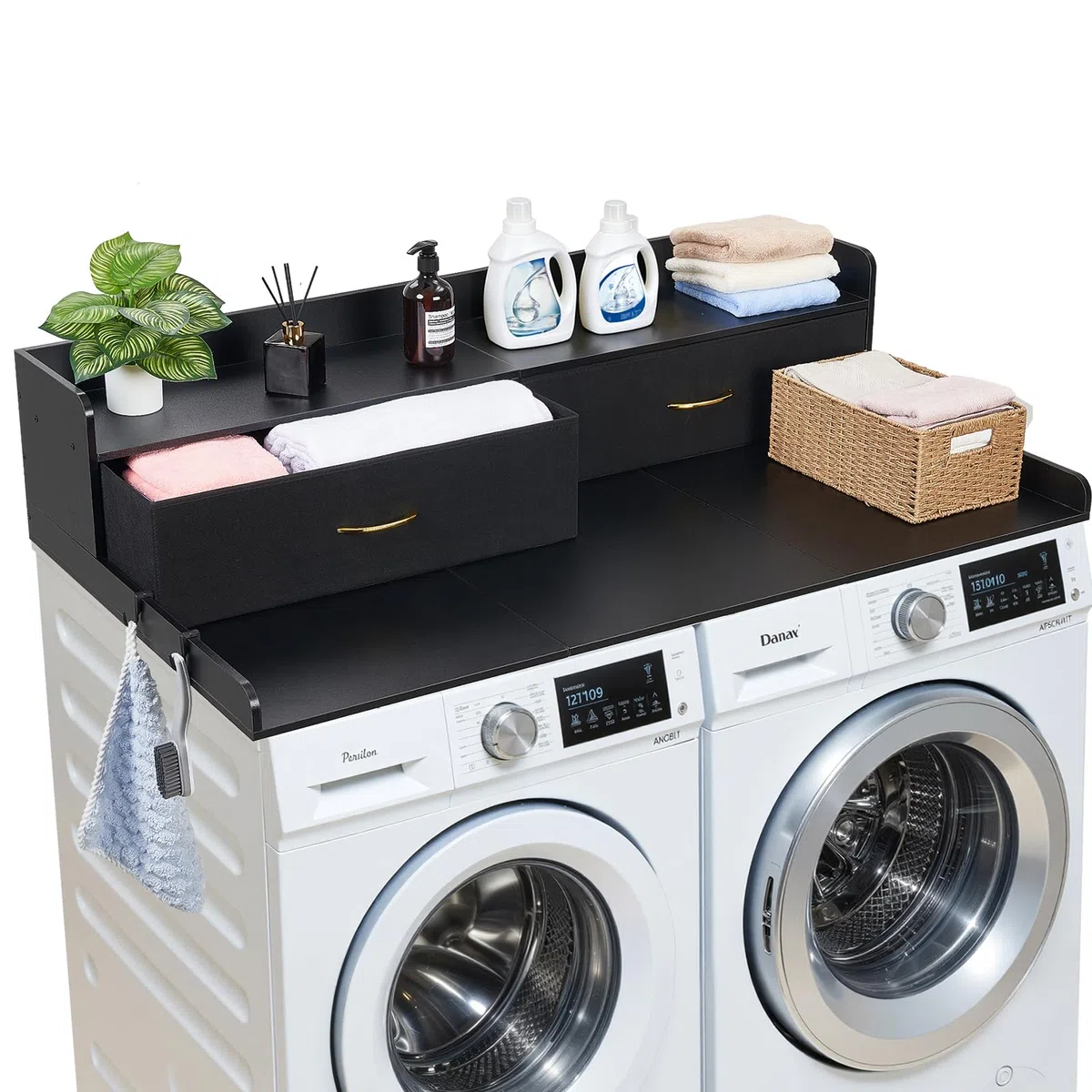 VEVOR Arbeitsplatte für Waschmaschine & Trockner (137 x 69,9 cm) mit Ablage & 2 Schubladen & Haken, für Wäscheschrank Speisekammer Küchentheke, 113 kg Belastbar, Schwarz, Ablagefläche für Waschmittel