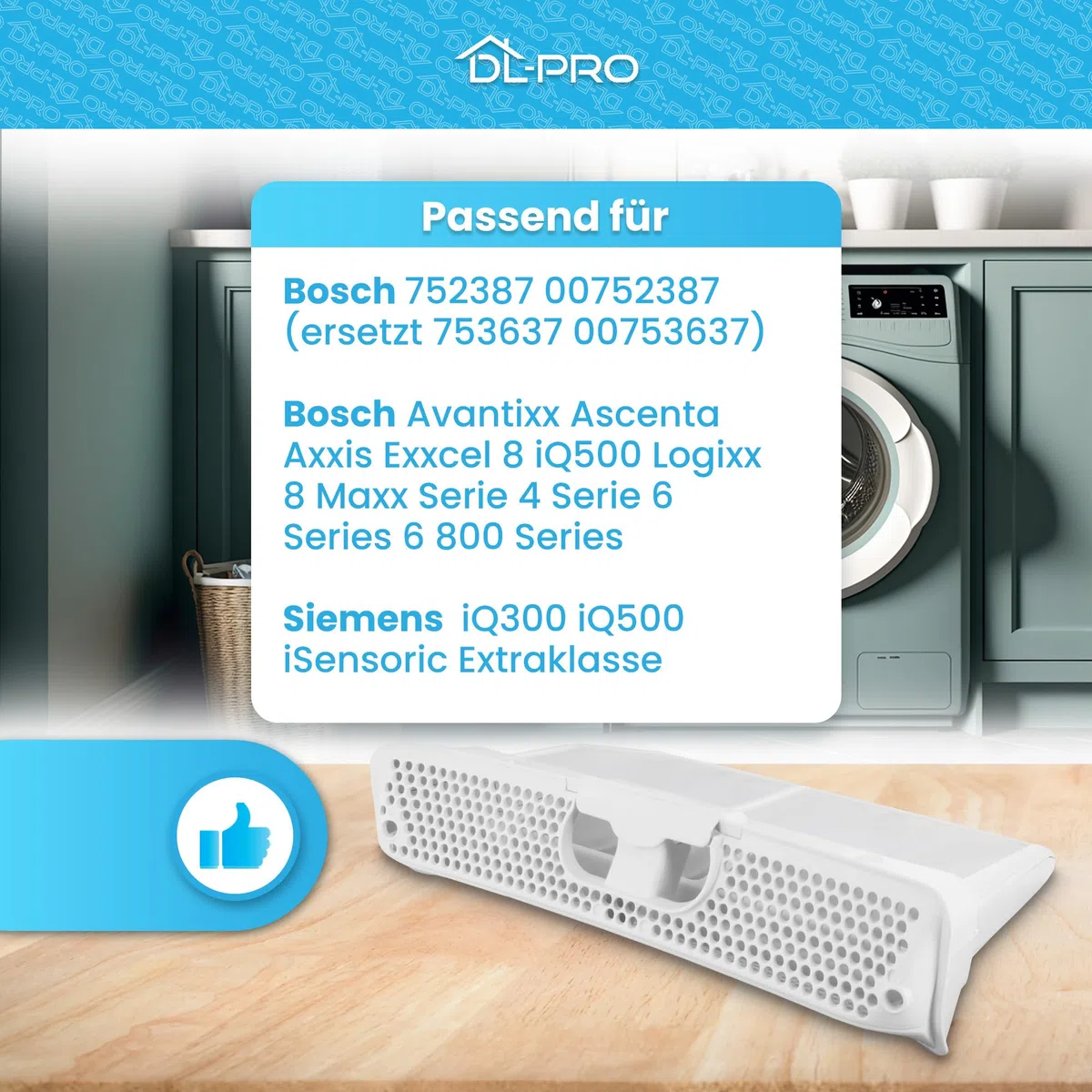 DL-pro Flusensieb für Bosch Siemens für 752387 00752387 für iQ300 iQ500 iQ700 iSensoric Extraklasse Serie 4 Serie 6 Avantixx Logixx Maxx Trockner Waschtrockner