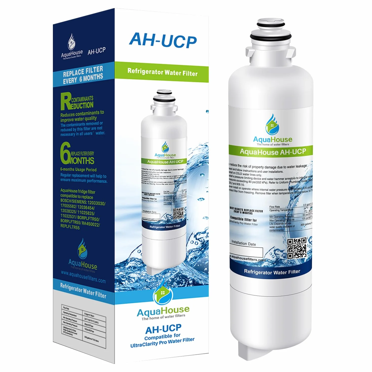 AquaHouse AH-UCP Wasserfilter, kompatibel zu Ultra Clarity Pro 11032518, BORPLFTR50, BORPLFTR55, passend für Bosch, Neff, Siemens und Gaggenau Kühlschränke