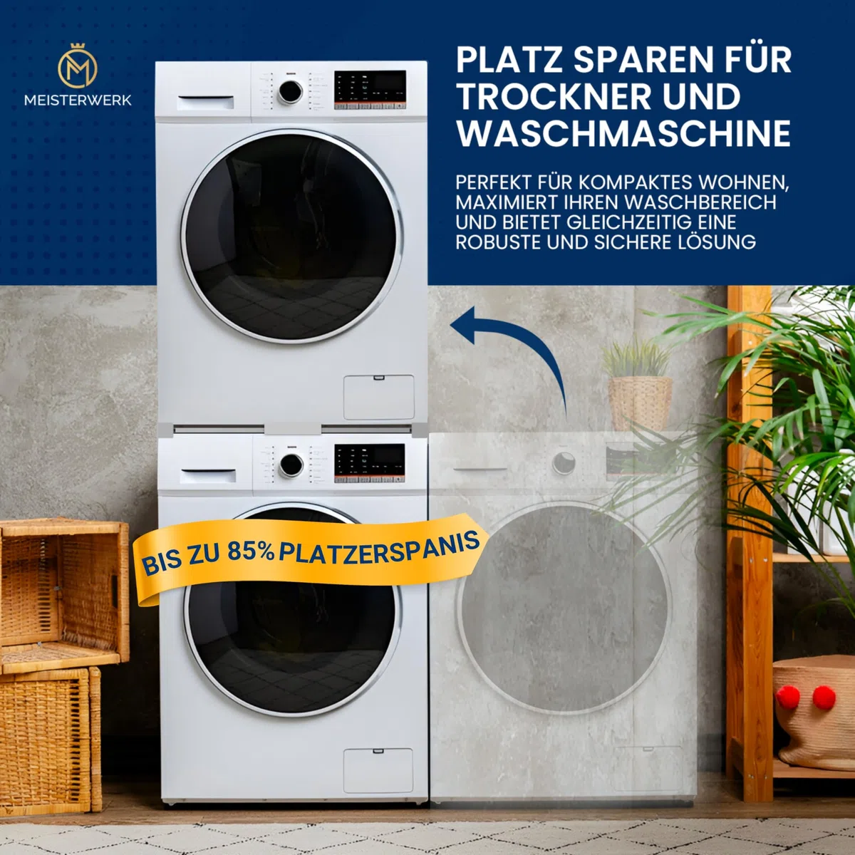 MEISTERWERK - Zwischenbaurahmen mit ausziehbarem Handtuchhalter - (EU ZERTIFIZIERT) Verbindungsrahmen für Waschmaschine & Trockner - Zwischenbausatz, Universell einstellbar
