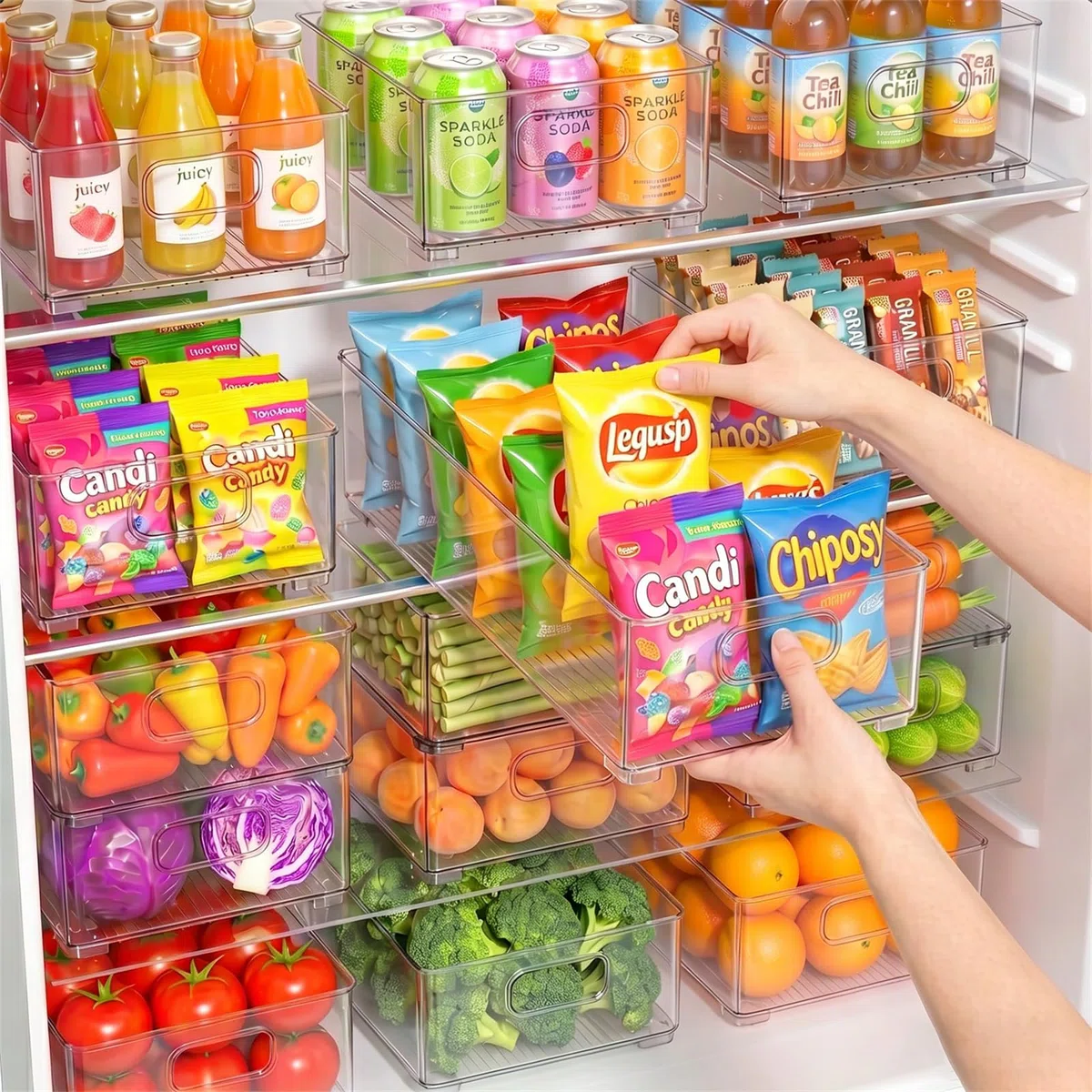 Famhap Kühlschrank Organizer Stapelbar 6 Stück | PET-Material, 3 Größen, Transparent Griffig, Rutschfest & Platzsparend für Küche Speisekammer Bad Büro