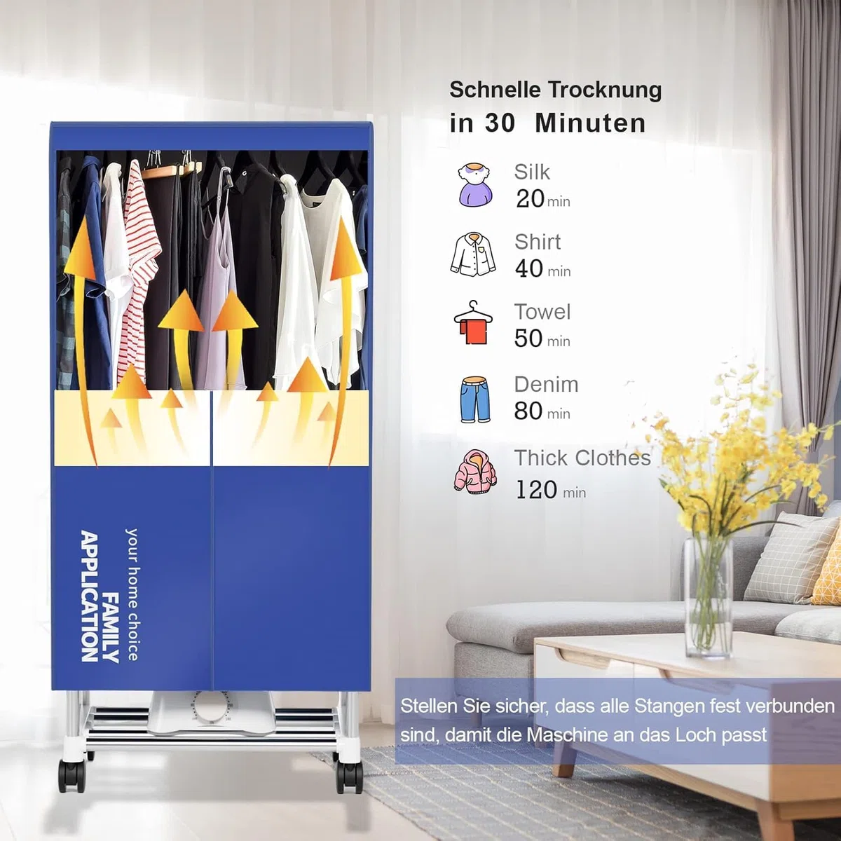 Kiseely Wäschetrockner, Tragbare Trockenmaschine mit Timer, 60inch Wäschetrockner mit großer Kapazität, elektrischer Trockner/Rack für Zuhause (Blau MI1)