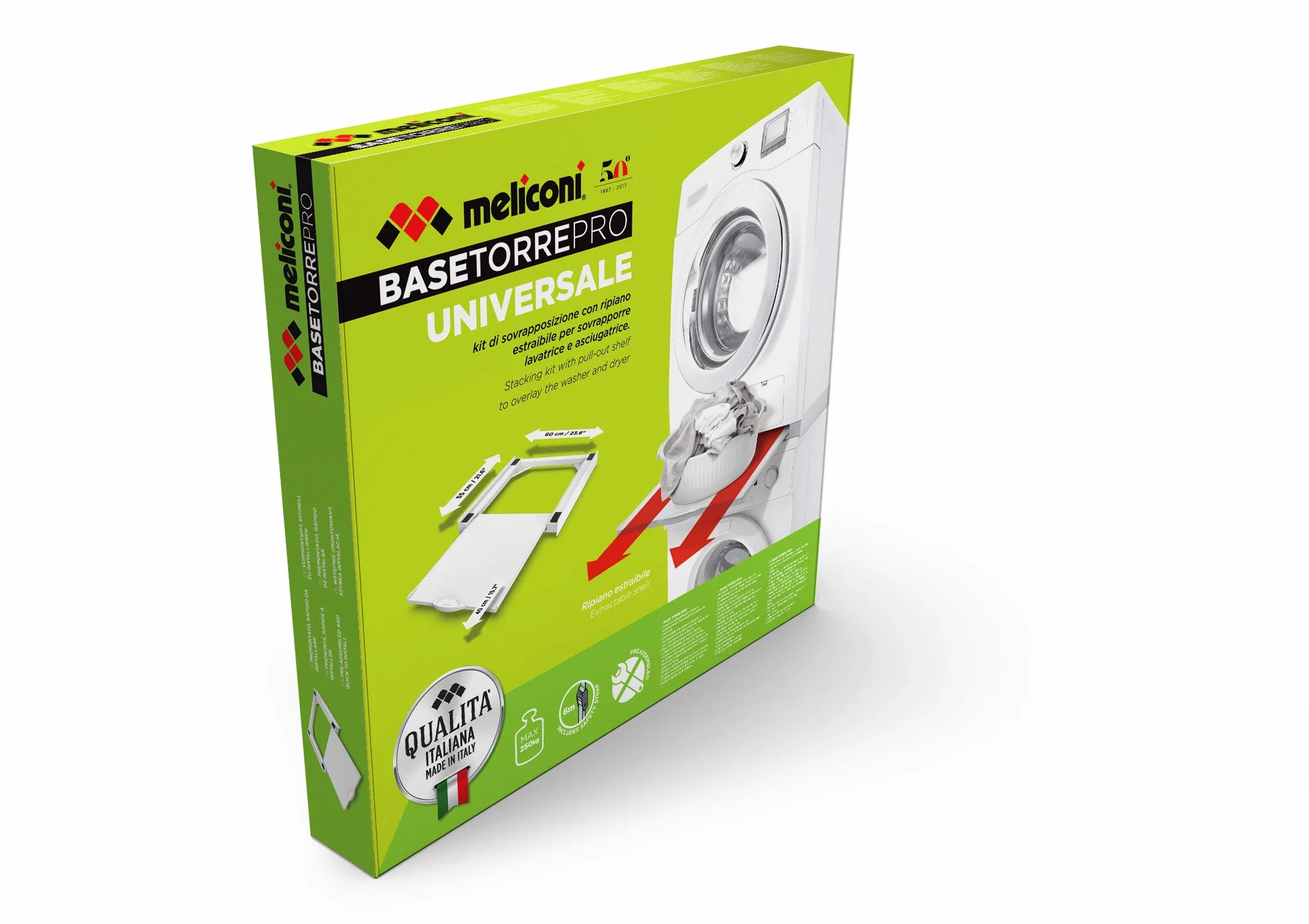 Meliconi Base Torre PRO Universal-Set für Waschmaschinen und Trockner mit ausziehbarer Ablage und Sicherheitsgurt inklusive, Weiß