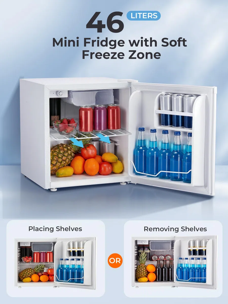 FOHERE Mini Kühlschrank 46L, Kleiner Kühlschrank mit 7-Stufige Kühlung, Energieeffizienter, Superleise, Wechselbarer Türanschlag & Verstellbare Füße, für Hotel, Büro, Kleine Wohnungen,Weiß