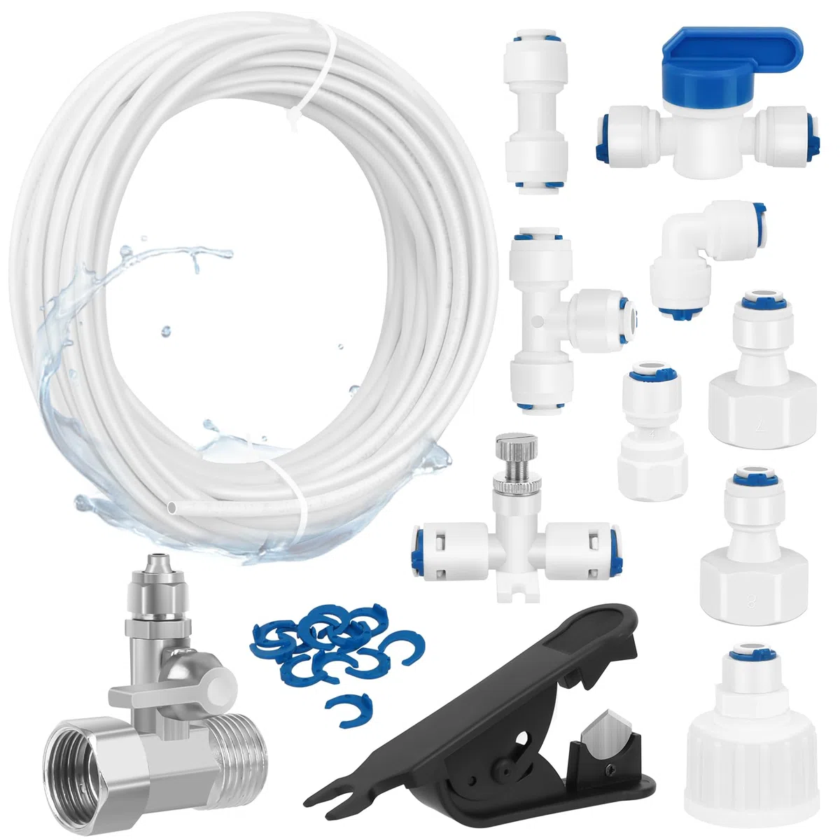 15m Wasserzulaufleitung Universal Anschluss-Set mit T Stück, 12 Stück RO Water Filter Fitting für 1/4 Zoll Schlauch, Kühlschrankschlauch, Wasserschlauch (T + I + L Typ + Absperrventil + Rohrschneider)