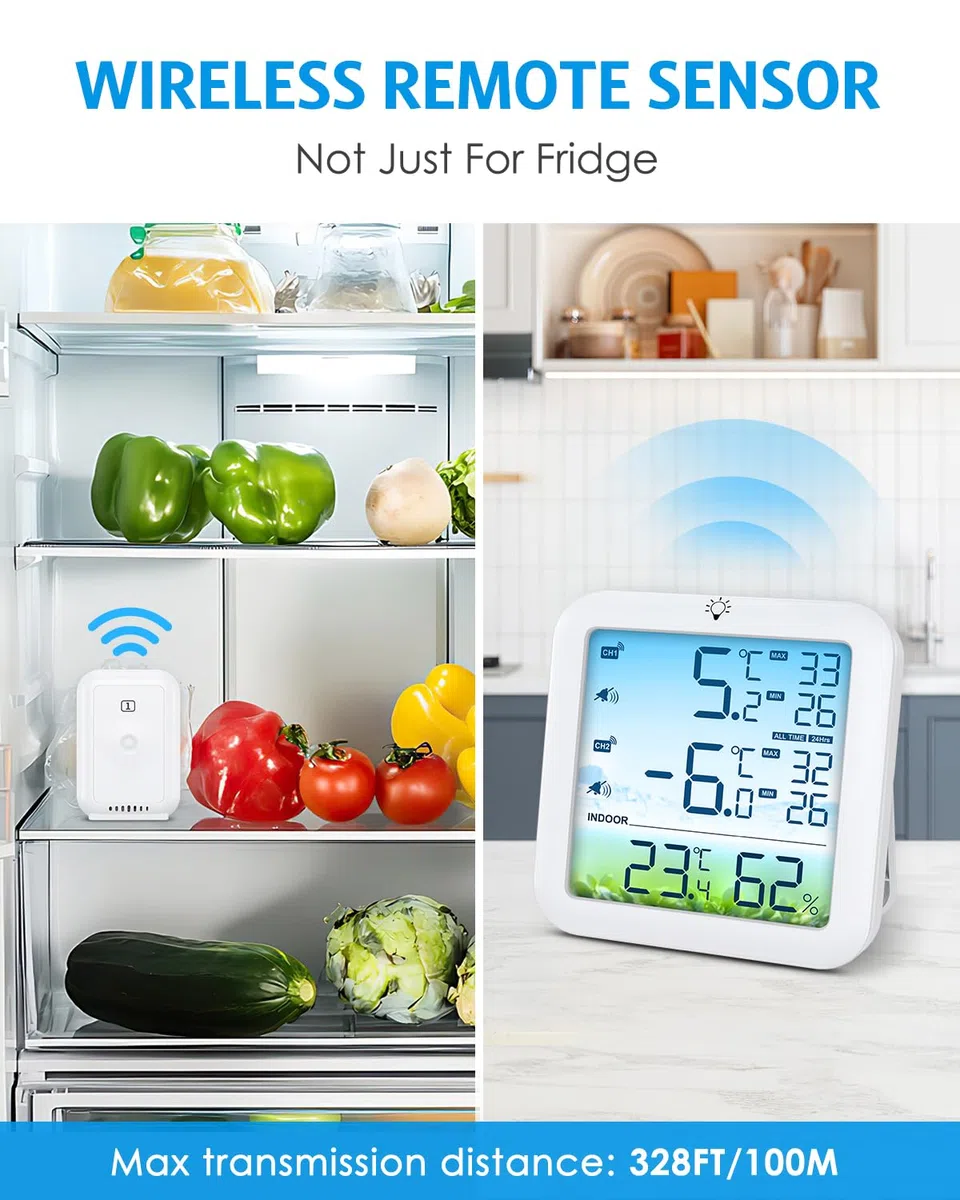 Brifit Kühlschrankthermometer, Gefrierschrank Thermometer mit 2 Sensoren, Digitales Farbdisplay-Thermometer mit Alarm, ℃/℉ Schalter, MIN/MAX, Weiße Hintergrundbeleuchtung für Küche, Restaurants