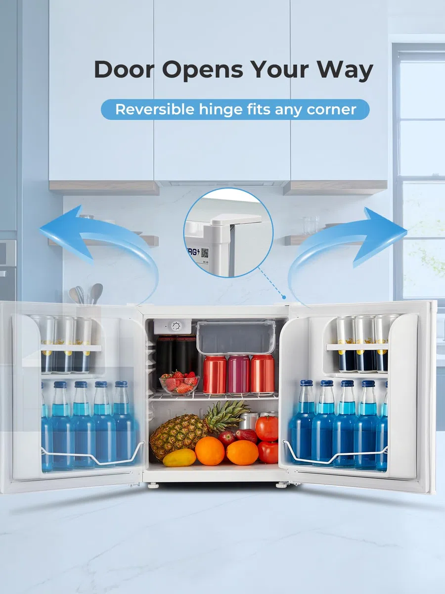 FOHERE Mini Kühlschrank 46L, Kleiner Kühlschrank mit 7-Stufige Kühlung, Energieeffizienter, Superleise, Wechselbarer Türanschlag & Verstellbare Füße, für Hotel, Büro, Kleine Wohnungen,Weiß