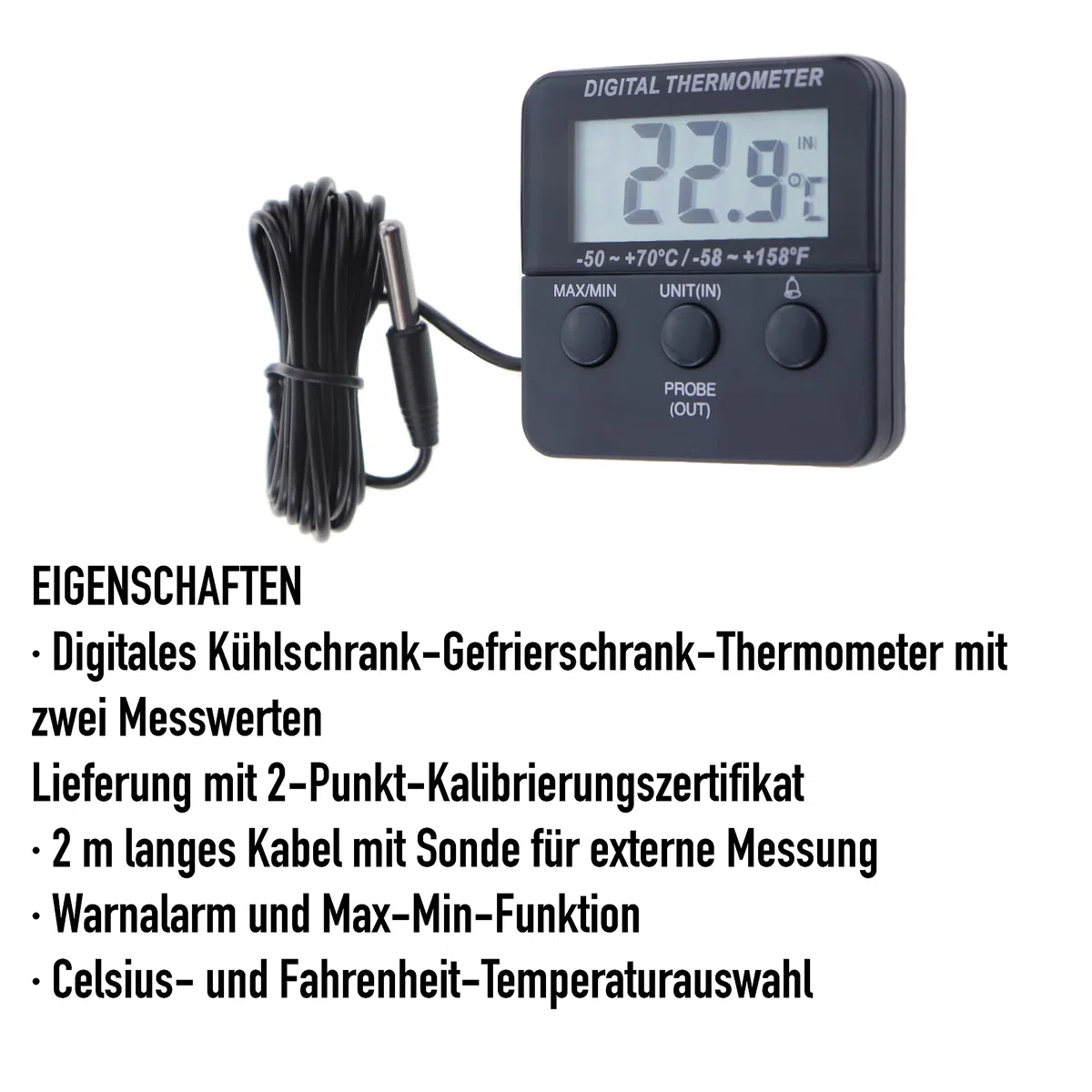 Kalibriertes Digital-Kühl-/Gefrierschrank-Thermometer mit nachverfolgbarem 2-Punkte-Kalibrierungszertifikat