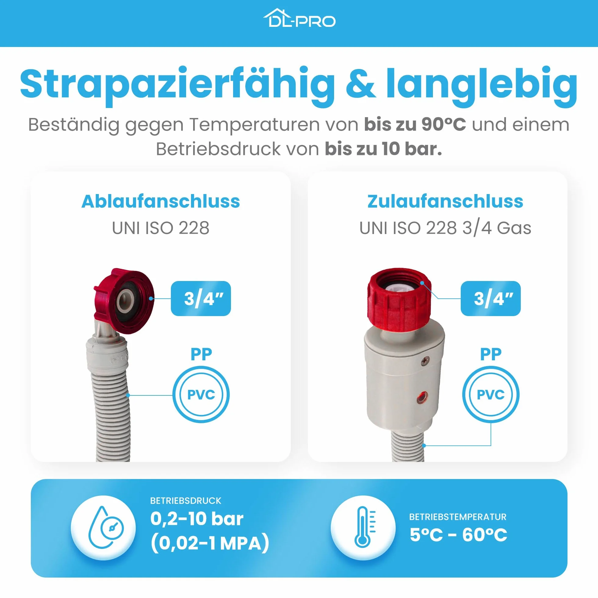 DL-pro Universal Zulaufschlauch 4m 3/4 Zoll Aquastop Schlauch gerade/gewinkelt Sicherheitsschlauch für Waschmaschine Spülmaschine Geschirrspüler 90°C 10 Bar