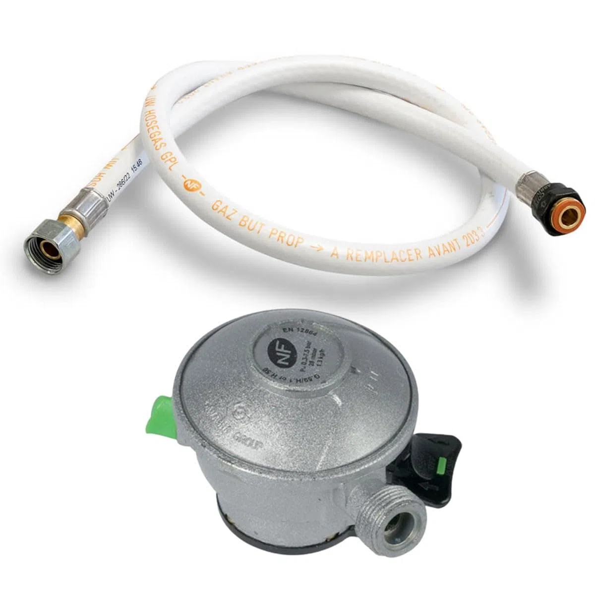 KEMPER - Propangasanschluss-Pack: flexibler Schlauch 1,5 m und Quick-On-Druckminderer 27 mm für Ventilflaschen, ideal für Grill, Plancha, Herd und Außenheizung