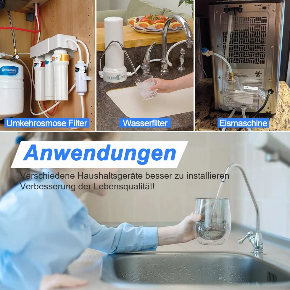 Wasserzulaufleitung Universal Anschluss-Set mit T Stück für Wasserrohr, drücken, Kühlschrankschlauch, 10M 1/4 Zoll (6.35mm) Schlauch, I+T+L Schnellsteckverbinder,Anschlussstück,Absperrventil