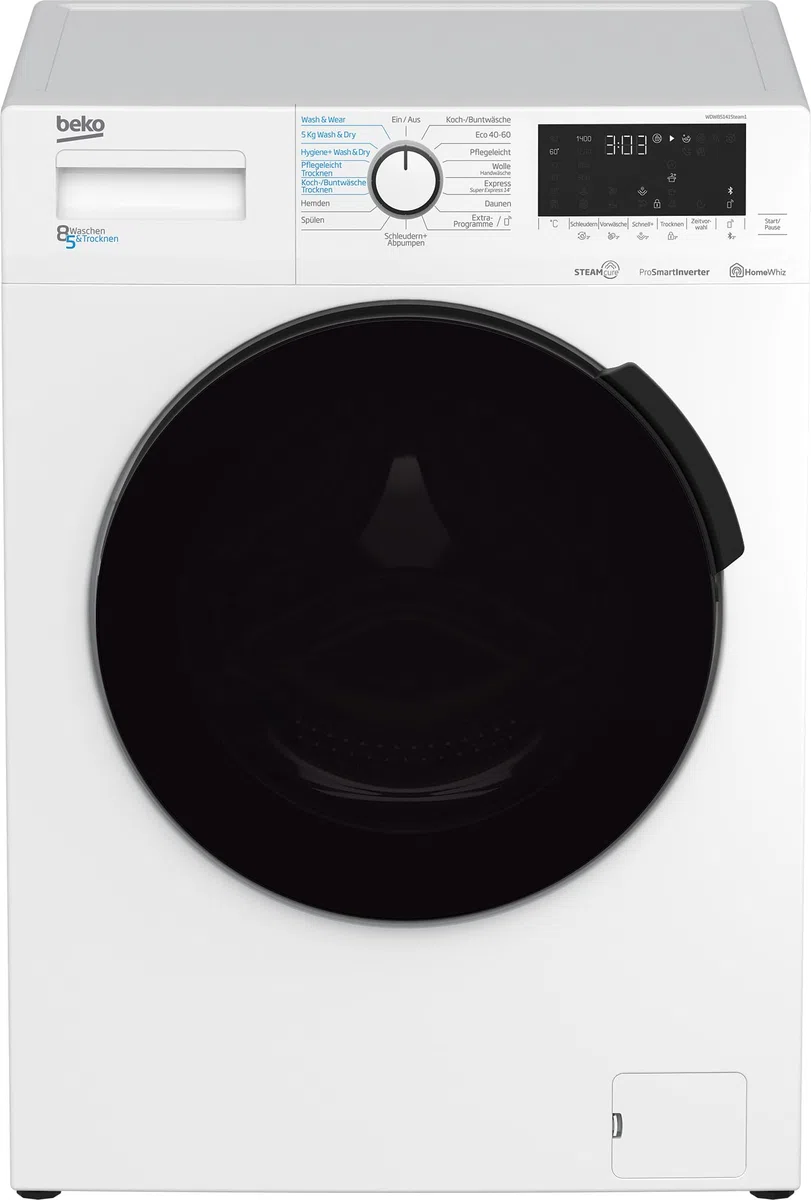 Beko WDW85141Steam1 b300 freistehender Waschtrockner, 8 kg Waschen, 5 kg Trocknen, allergikergeeignet, Touch-Display mit Startzeitvorwahl 0-24 h, Bluetooth, Dampffunktion, Nachlegefunktion, Weiß