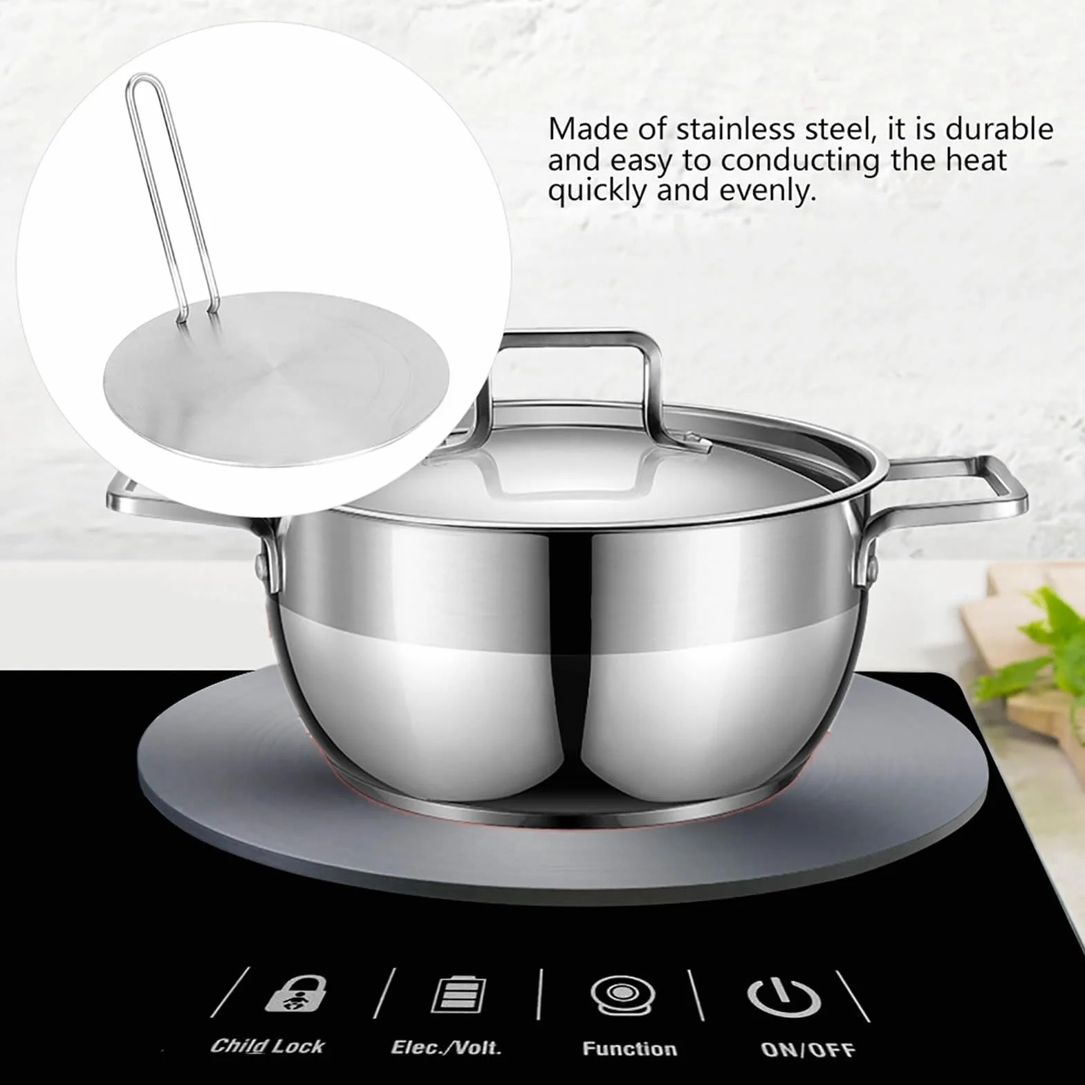 Hitze Diffusor,Platte Edelstahl Hitze Diffusor,Kochen Induktion Platte Adapter,Konverter mit abnehmbarem Griff für Gas Elektroherd Platte Kochzubehör (22cm)