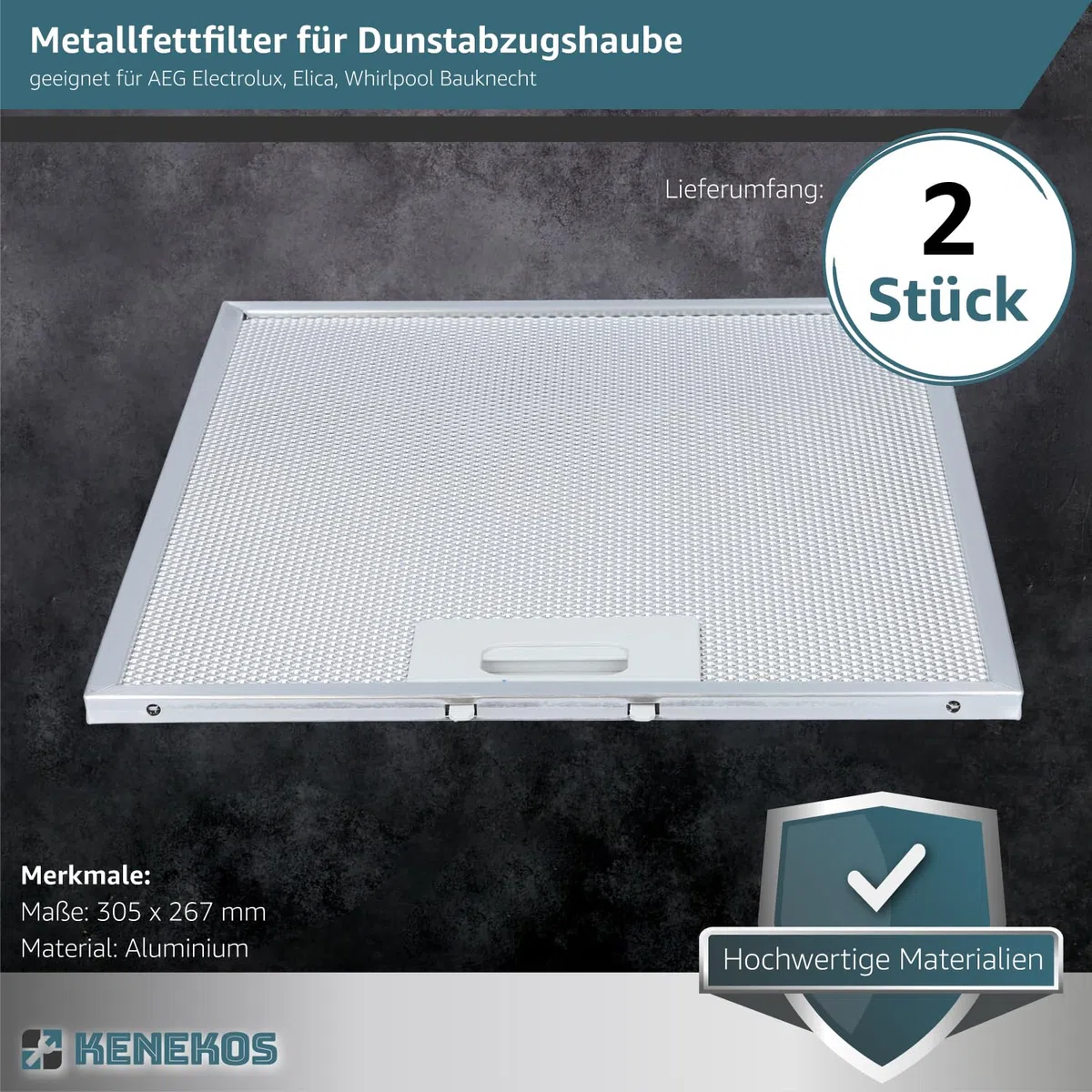 Kenekos - 2x Metallfettfilter für Dunstabzugshaube 305 x 267 mm geeignet für AEG 405525042-9 4055250429, Elica 93952919 GRI0009219A, KIT0010805 Whirlpool C00314158 ARI314158