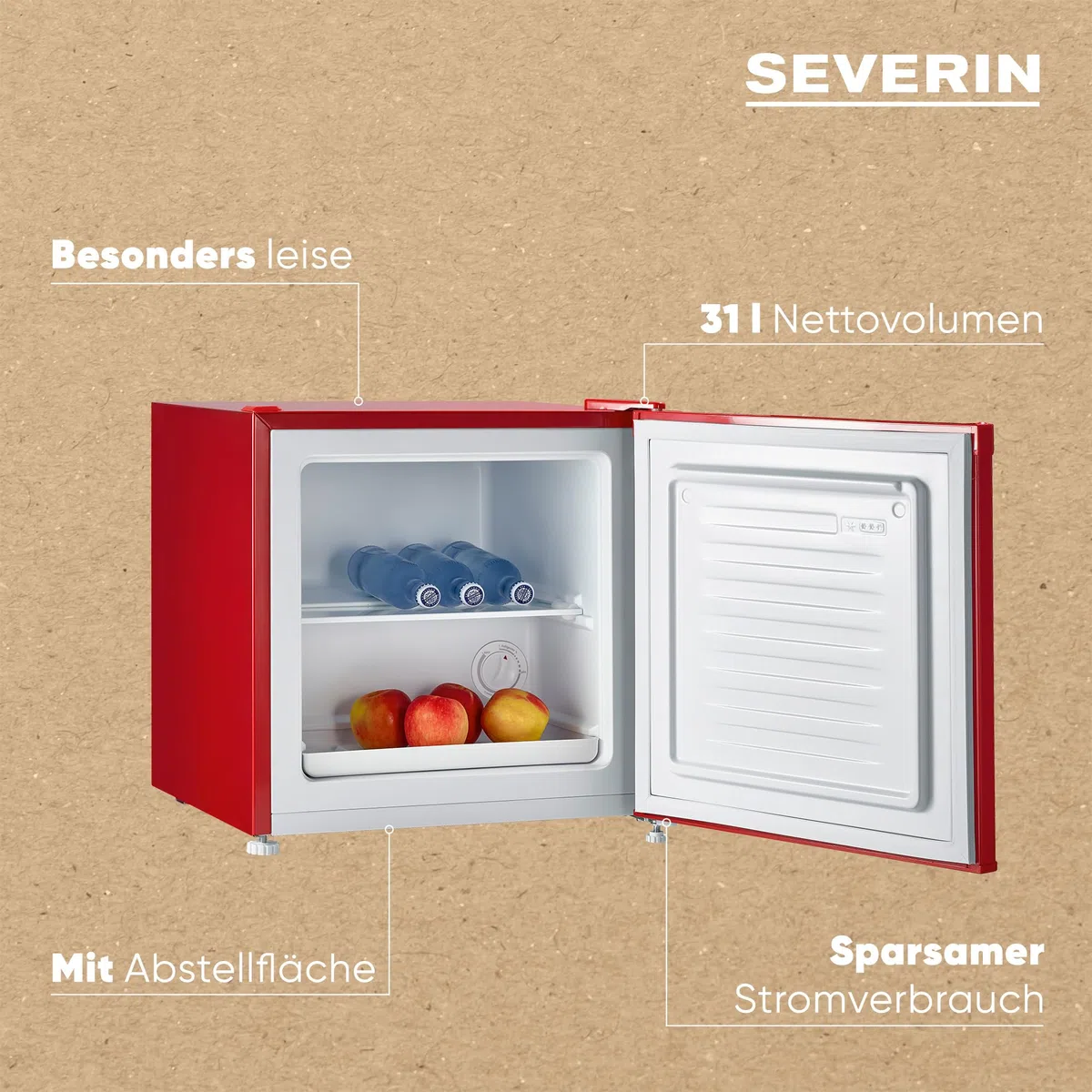 SEVERIN Retro Mini Kühl-/Gefrierbox (31 l), Gefrierschrank klein, Minikühlschrank mit flexibler Temperaturregelung, Tischkühlschrank, rot, GB 8881
