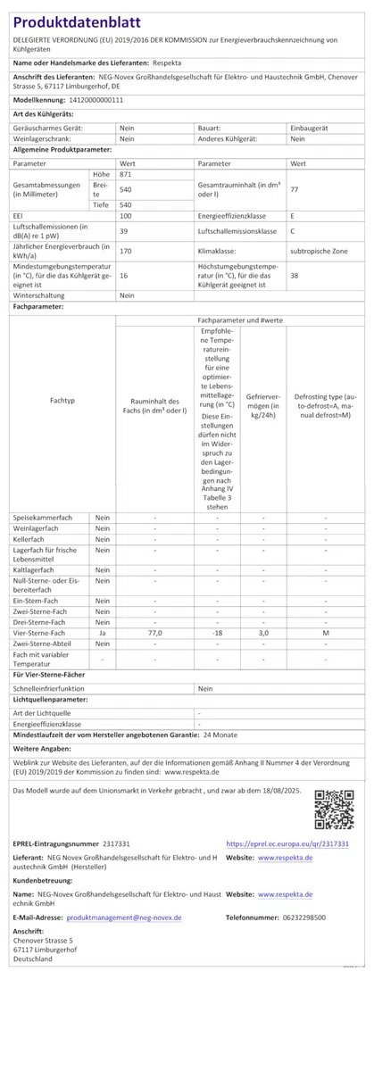 Respekta Einbaugefrierschrank 88 cm GS88-11/77 L Fassungsvermögen/Wechselbarer Türanschlag / 4 Gefrierfachschubladen / 14120000000111 / Max. 39 dB/in weiß