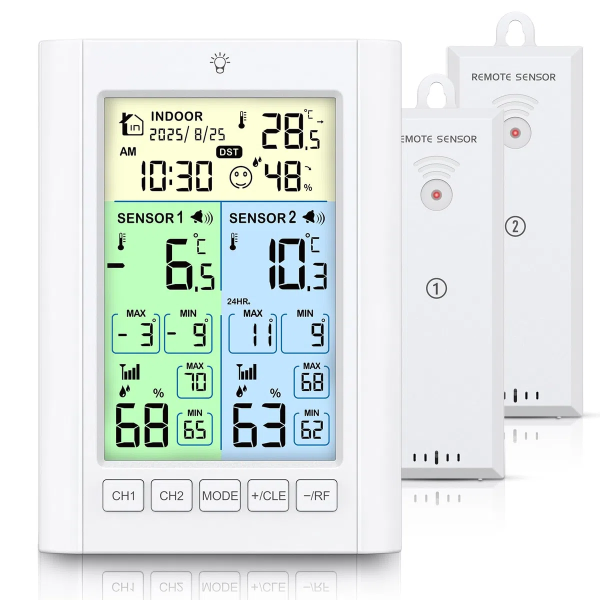 Brifit Kühlschrank Thermometer mit 2 Sensoren, Digitale Gefrierschrank Thermometer mit Temperatur Alarm, Farbdisplay, Hintergrundlicht, Max/Min, DST, Zeit Kalender, ℃/℉, Dual-Power-Modus für Familie