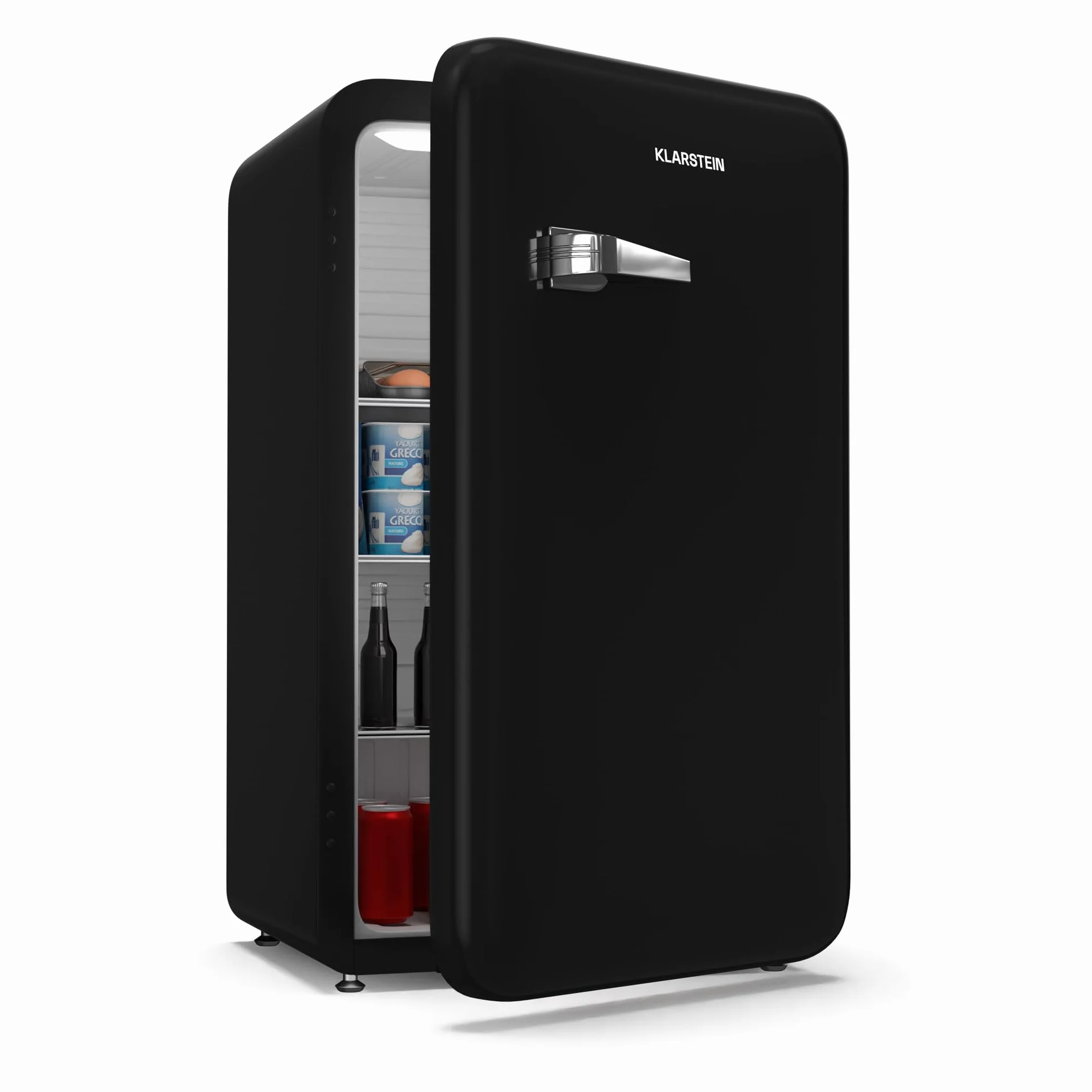 Klarstein Audrey Evo 90L Retro Mini Kühlschrank - Leise 40 dB, Kompakter Kühlschrank Klein mit Verstellbaren Füßen, Wendetür, Mechanischem Thermostat, Schwarz