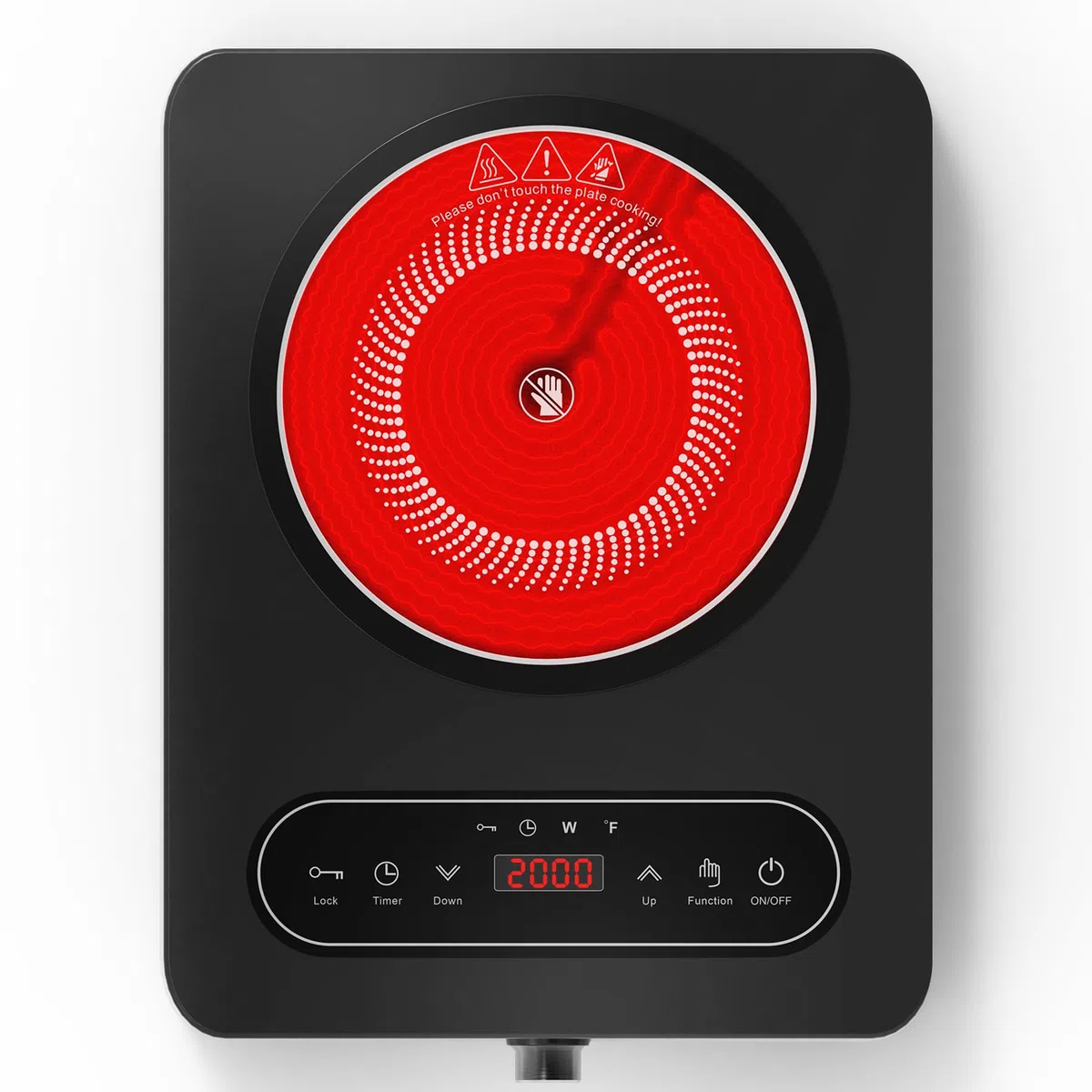 VBGK Glaskeramik Kochfeld 1 Platte, 220V, 2000W, Kochfeld mit LED-Touch-Bedienelementen und Drehreglern, 10 Leistungsstufen, 4-Stunden-Timer, Sicherheitsverriegelung Herdplatte mit Stecker