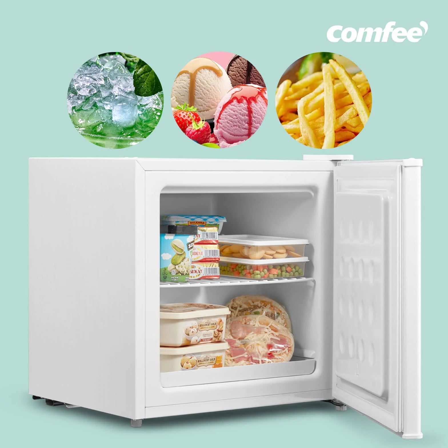 Comfee Freistehend, RCU40WH2(E) Mini Gefrierschrank/31L / 4-Sterne-Gefrierfach/Kompakte Größe/Reversibles Türscharnier/Verstellbare Standfüße / 147kWh/Jahr/Weiß