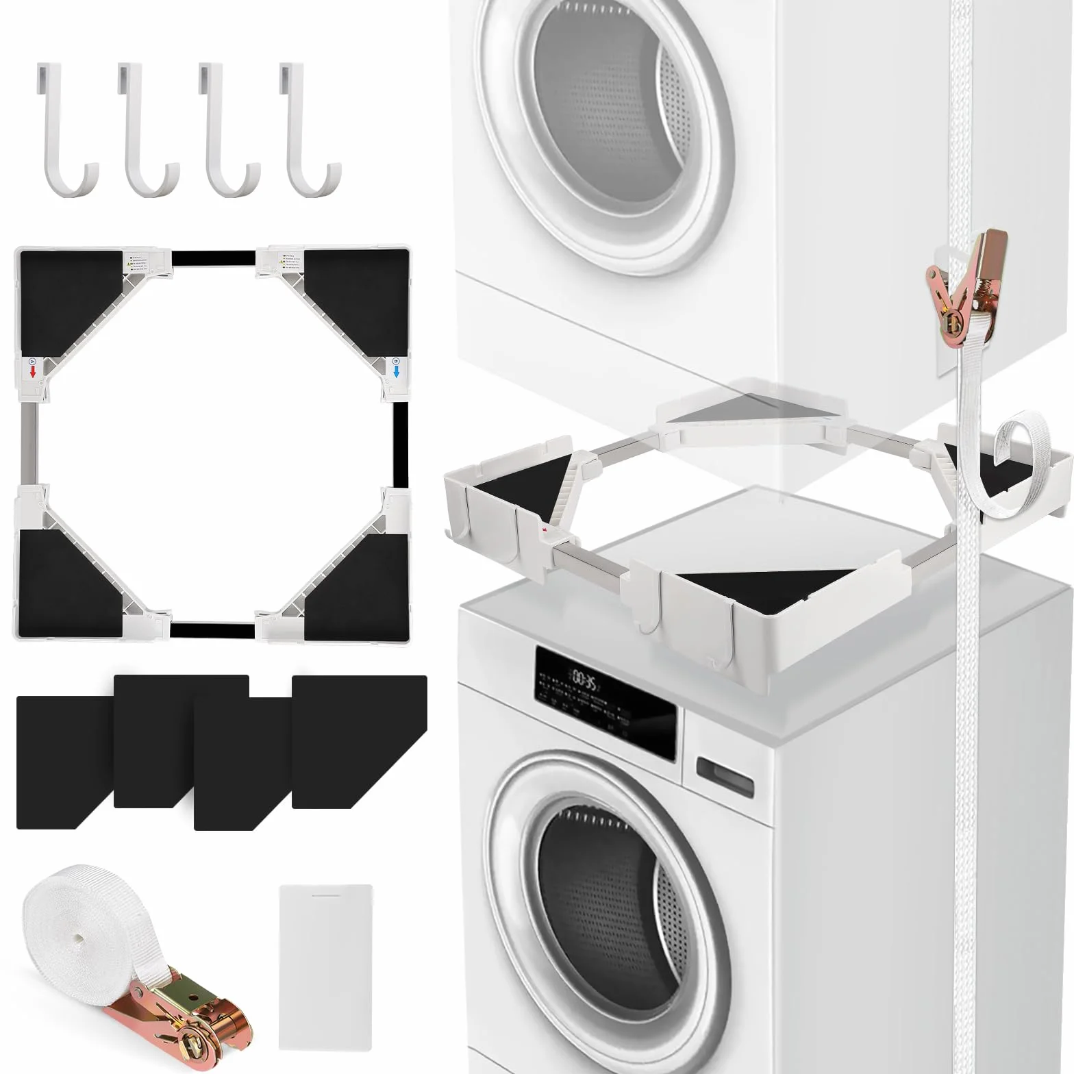 Universal Verbindungsrahmen Set für Waschmaschine und Trockner (46-68cm) - Stapelbausatz mit Ratschenseil & verstellbarem Zwischeneinbaurahmen - Platzsparende Waschturm-Lösung für Waschküche