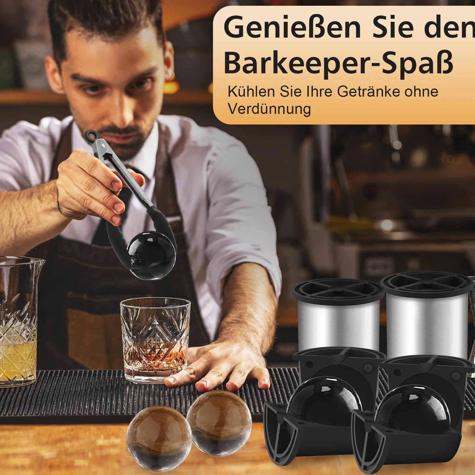 Klarer Eiswürfelbereiter, 6,4 cm Eisbälle, Eisballbereiter aus kristallklarem Edelstahl, BPA-freie Premium-Silikon-Eiswürfelformen für Whisky und Cocktails (ZZ01)