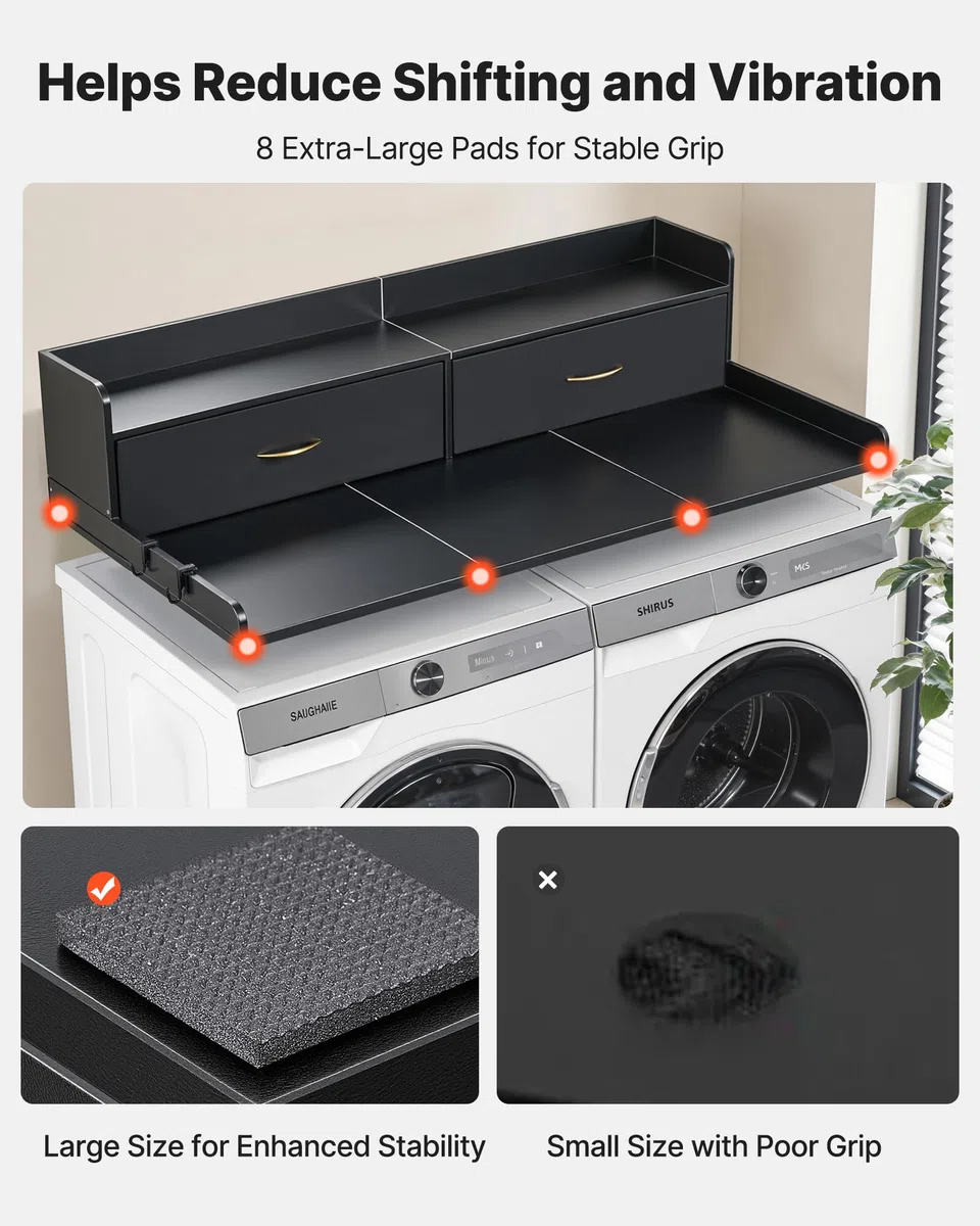 VEVOR Arbeitsplatte für Waschmaschine & Trockner (137 x 69,9 cm) mit Ablage & 2 Schubladen & Haken, für Wäscheschrank Speisekammer Küchentheke, 113 kg Belastbar, Schwarz, Ablagefläche für Waschmittel