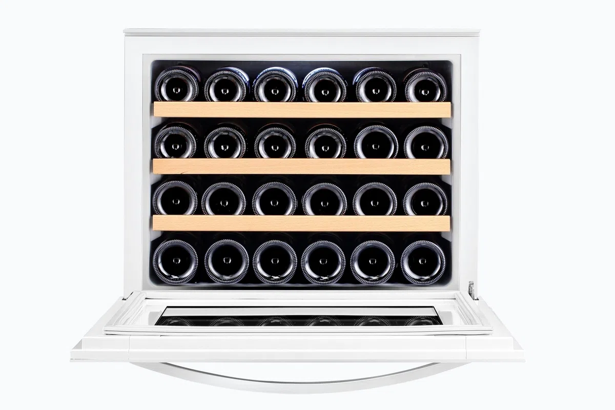 LV22W Weißer Einbau-Weinkühlschrank - 2 Zonen - Vollglas-Designtür, 22 Flaschen, 41 dB, 60 cm breit und 3 ausziehbare Schubladen aus Buchenholz