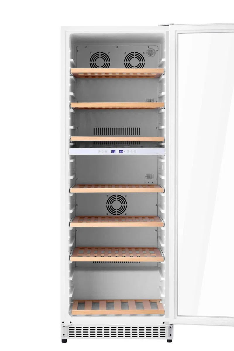 Große weiße LuzVini LV150W Einbau-Weinklimaschrank - Weinkühlschrank mit 2 Zonen - 150 Flaschen, Kompressorkühlung und ausschiebbare Regalen aus Buchenholz