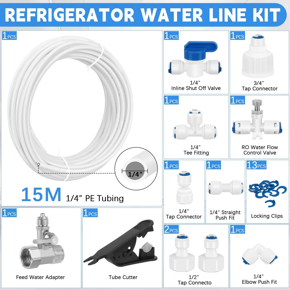 15m Wasserzulaufleitung Universal Anschluss-Set mit T Stück, 12 Stück RO Water Filter Fitting für 1/4 Zoll Schlauch, Kühlschrankschlauch, Wasserschlauch (T + I + L Typ + Absperrventil + Rohrschneider)