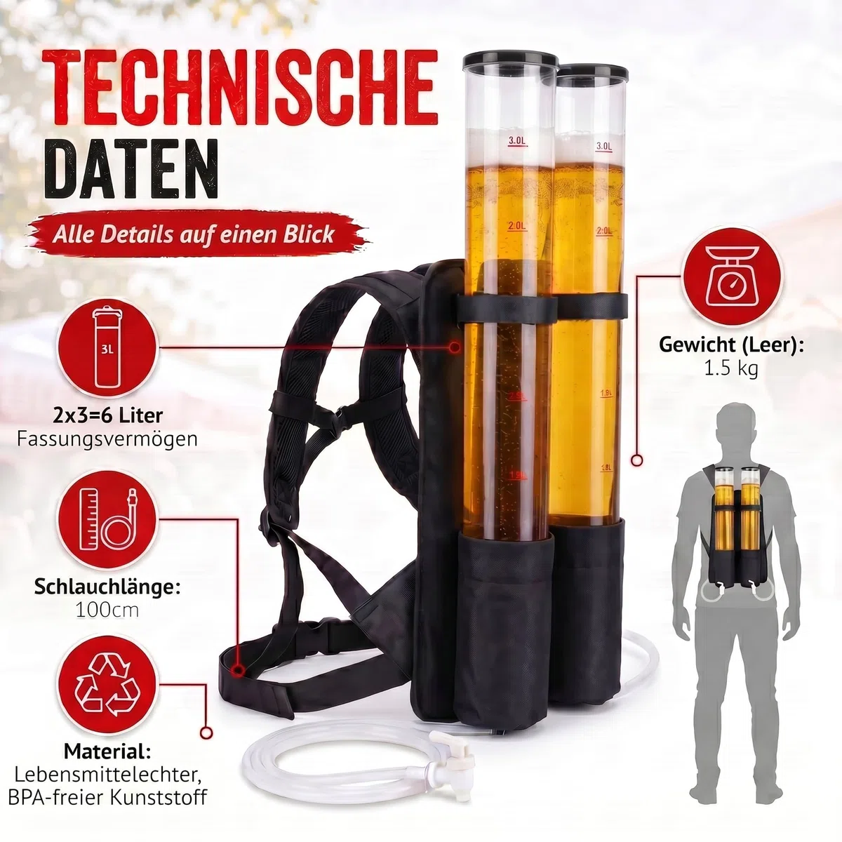 GOODS+GADGETS Der Kulthit - Duo Bierrucksack Doppel Bier Rucksack Biergiraffe Getränkerucksack 2 x 3 Liter Kapazität