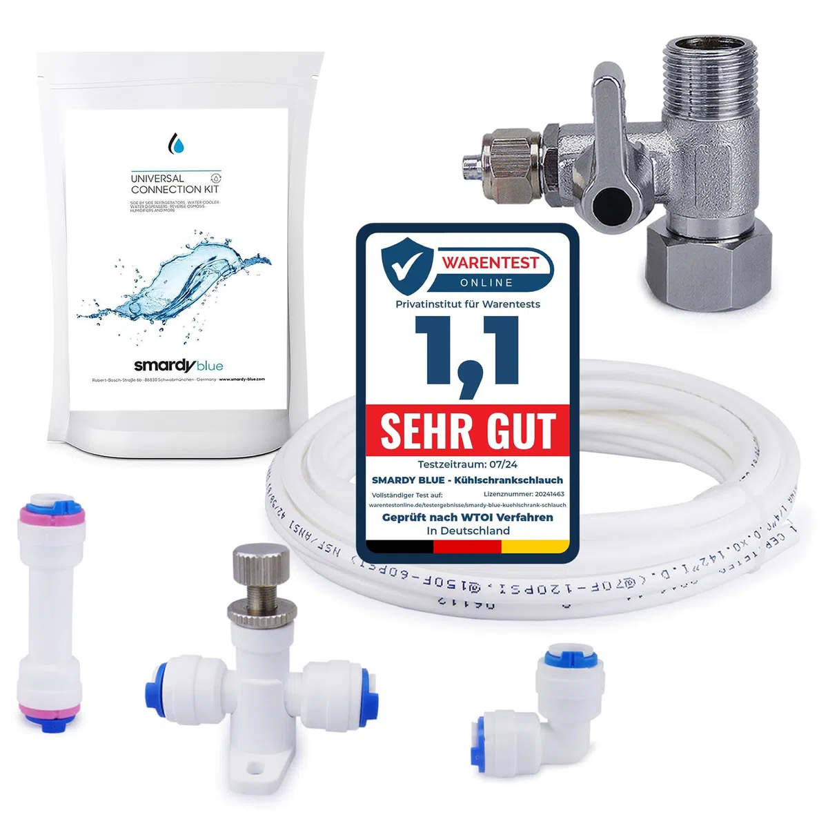 smardy ZO014 Anschluss-Set 10m Wasserschlauch 1/4 Zoll – Universal-Wasserzulauf für Side-by-Side-Kühlschrank & Osmoseanlage – mit Absperrhahn, Rückschlagventil & Durchflussbegrenzer – ohne Werkzeug