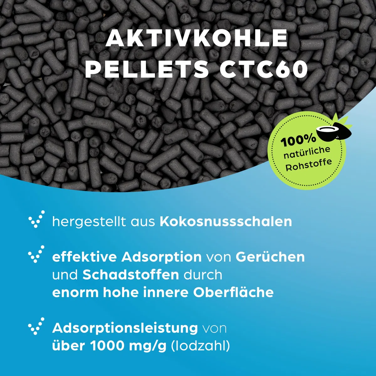 Aktivkohle Pellets 5 Liter aus Kokosnussschalen für Luftreinigung sowie Gasreinigung z.B. für Dunstabzugshauben, CTC60, Durchmesser 4mm, Energieklasse A, als Carbon Filter verwendbar