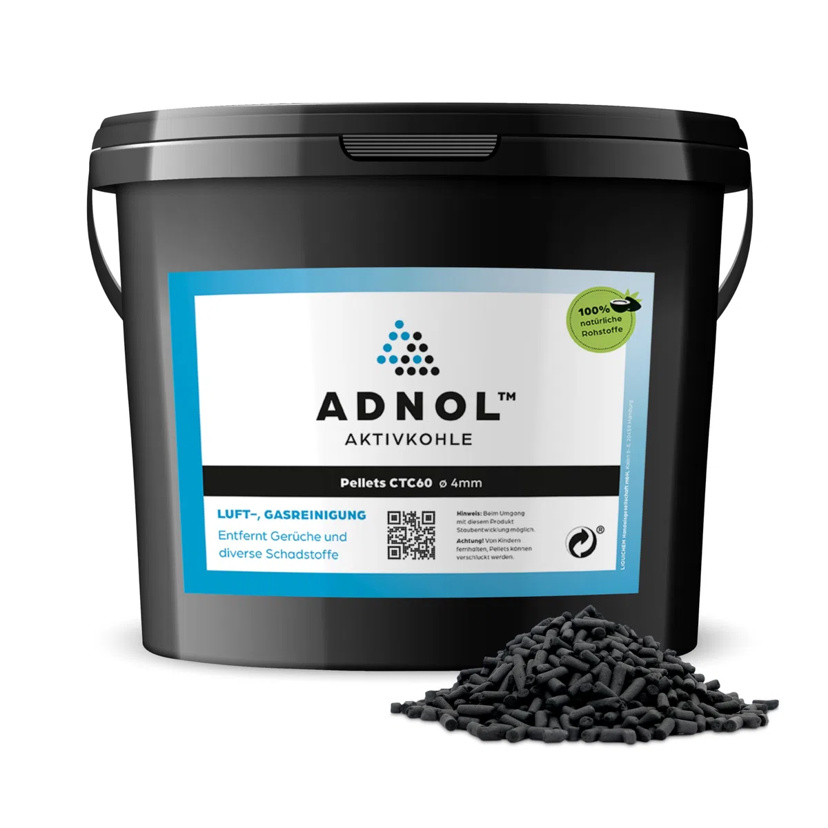 Aktivkohle Pellets 5 Liter aus Kokosnussschalen für Luftreinigung sowie Gasreinigung z.B. für Dunstabzugshauben, CTC60, Durchmesser 4mm, Energieklasse A, als Carbon Filter verwendbar