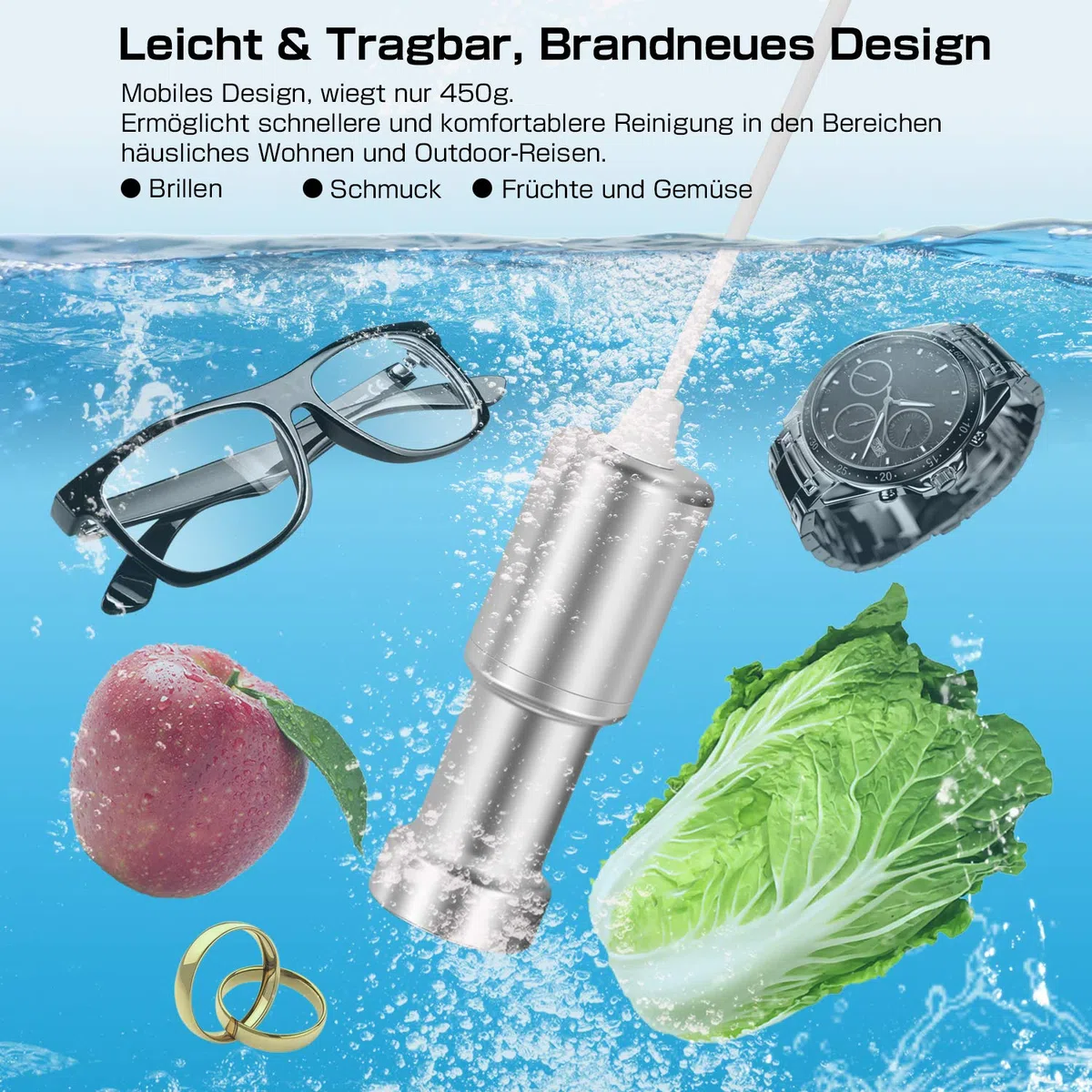 Tragbarer Ultraschallreiniger，BlumWay Mini Ultraschallreiniger, Starttyp und Sicherheitsvorrichtung, ideal für Gemüse und Obst, Schmuck, Gläser, Spielzeug und Kleidung usw.