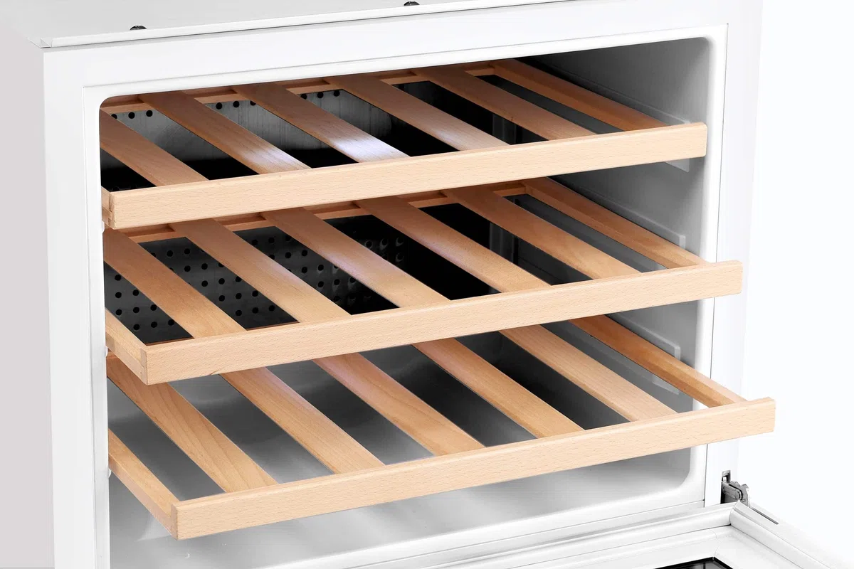 LV22W Weißer Einbau-Weinkühlschrank - 2 Zonen - Vollglas-Designtür, 22 Flaschen, 41 dB, 60 cm breit und 3 ausziehbare Schubladen aus Buchenholz