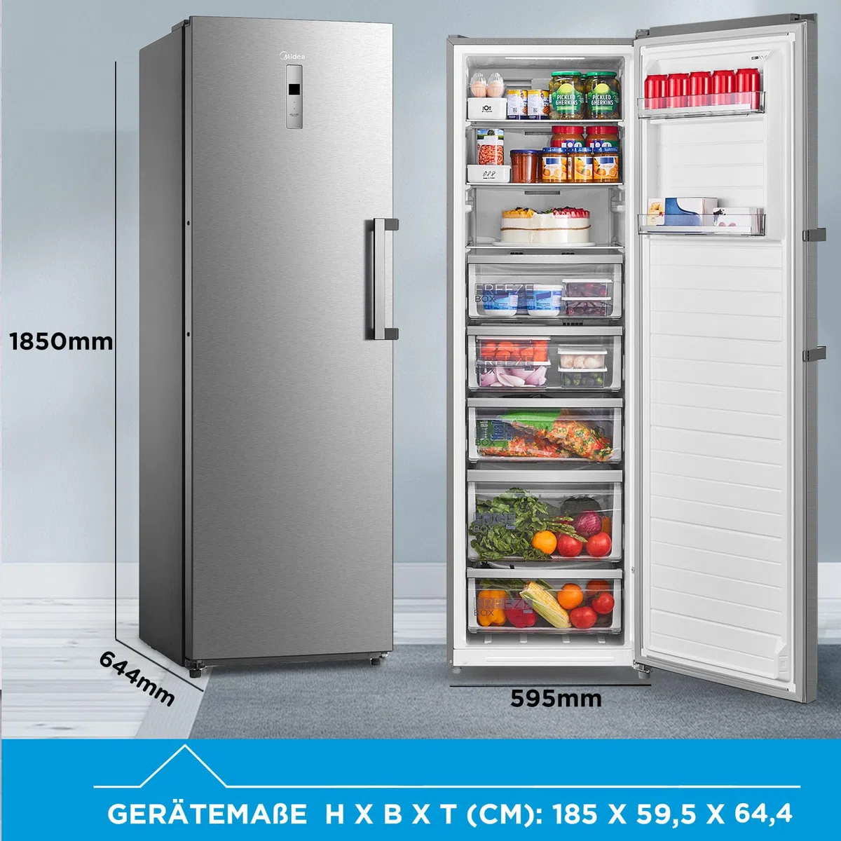 Midea Gefrierschrank & Kühlschrank in einem MDRU385MTC02 | 272L, 185 cm | Umschaltbarer Kühl- & Gefriermodus | NoFrost & Multi Air Flow | GMCC-Kompressor, 157 kWh/Jahr, Leise | Freistehend, Inox