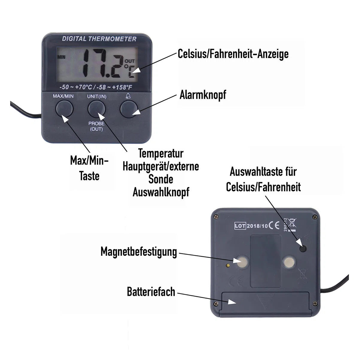 Kalibriertes Digital-Kühl-/Gefrierschrank-Thermometer mit nachverfolgbarem 2-Punkte-Kalibrierungszertifikat