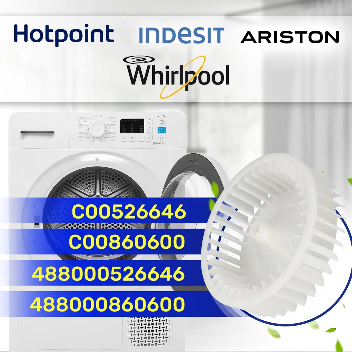 Lüfterrad für Trockner Ø 155 mm mit dem Originalcode C00526646 C00860600 für Indesit 488000526646 488000860600 für Whirlpool - Garantie 10 Jahre - MONTERAL