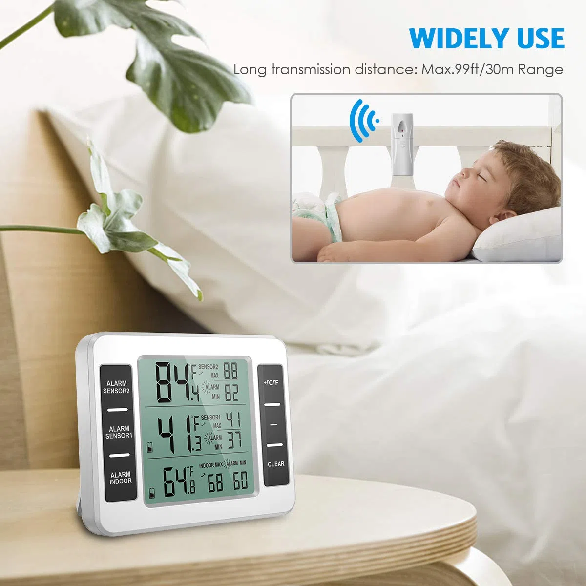 Brifit Kühlschrank Thermometer, Gefrierschrank Thermometer mit 2 Sensoren, Digital Luftfeuchtigkeit für Gefrierschrank mit Temperatur Alarm, MIN/MAX, Temperaturtrendanzeige Pfeil