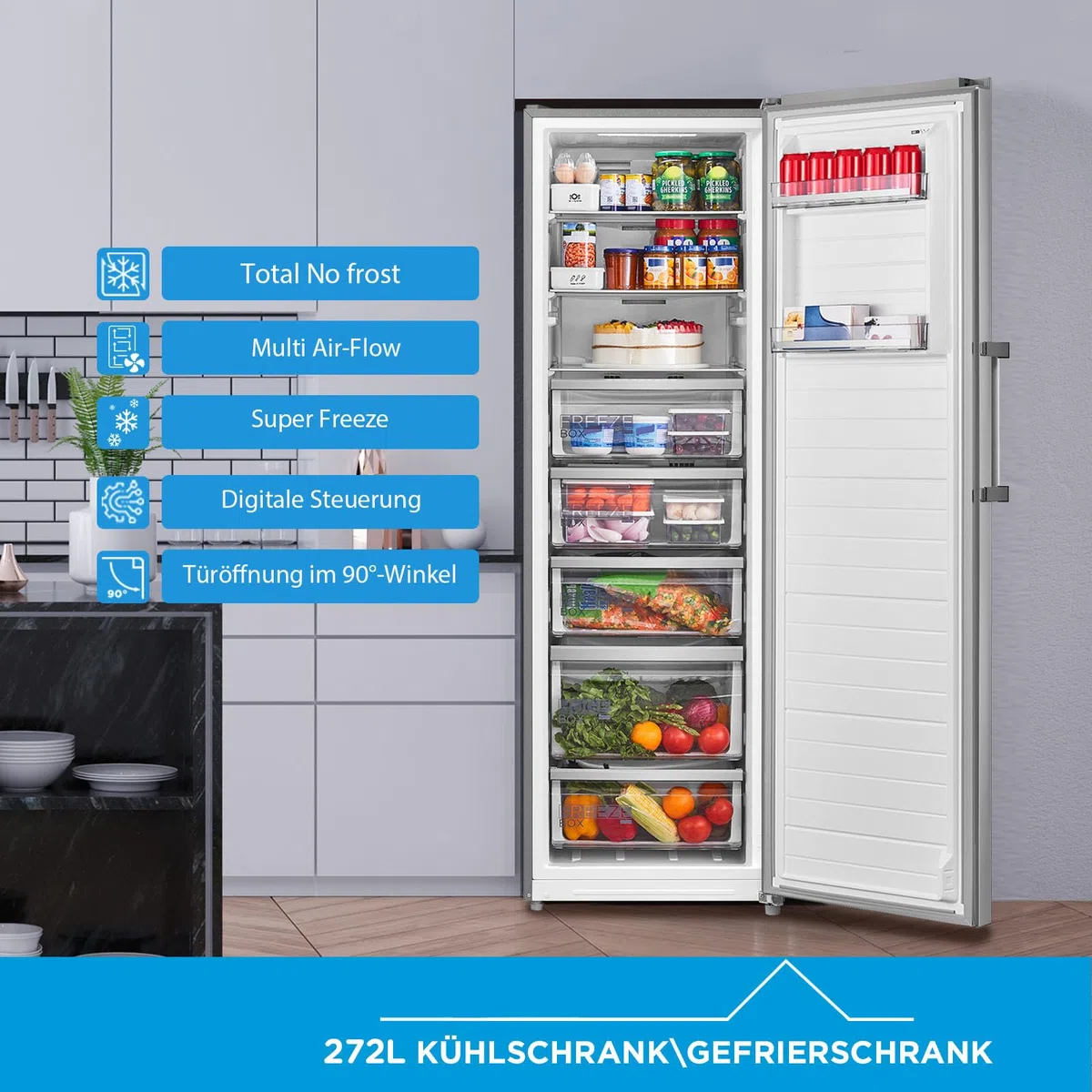 Midea Gefrierschrank & Kühlschrank in einem MDRU385MTC02 | 272L, 185 cm | Umschaltbarer Kühl- & Gefriermodus | NoFrost & Multi Air Flow | GMCC-Kompressor, 157 kWh/Jahr, Leise | Freistehend, Inox