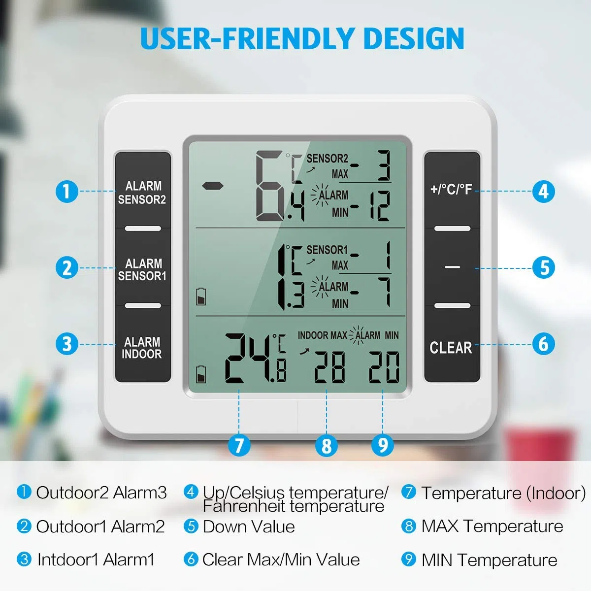Brifit Kühlschrank Thermometer, Gefrierschrank Thermometer mit 2 Sensoren, Digital Luftfeuchtigkeit für Gefrierschrank mit Temperatur Alarm, MIN/MAX, Temperaturtrendanzeige Pfeil