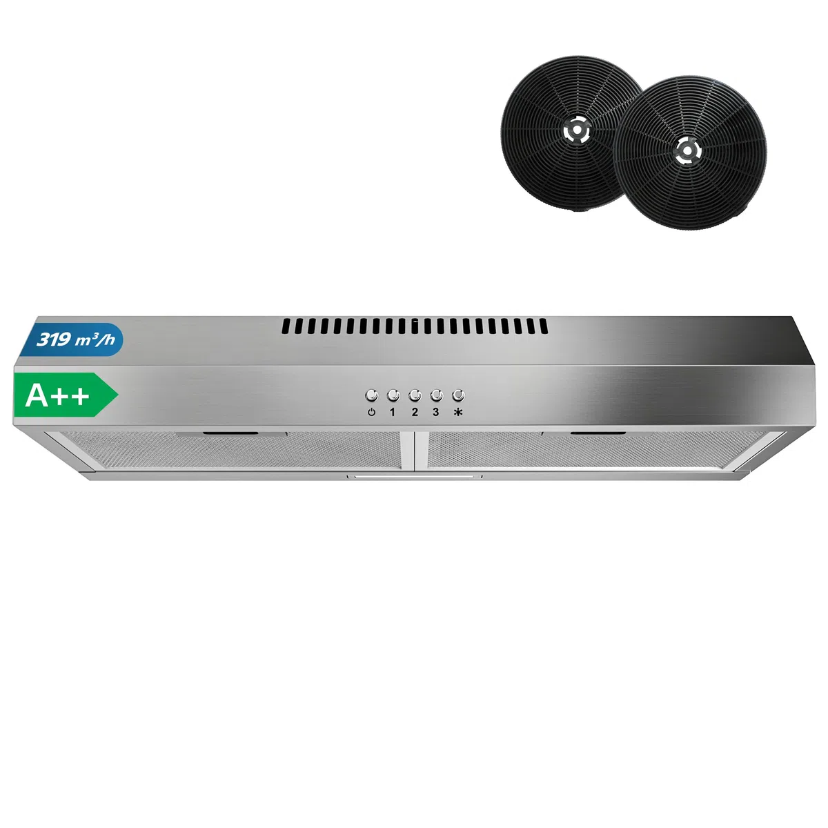 FIREGAS Unterbau Dunstabzugshaube 60 cm Edelstahl, 319 m³/h, Energieeffizienzklasse A++, bürstenloser Motor, Umluft & Abluft, 3 Leistungsstufen, leise, 2W LED, inkl.2 Aktivkohlefilter