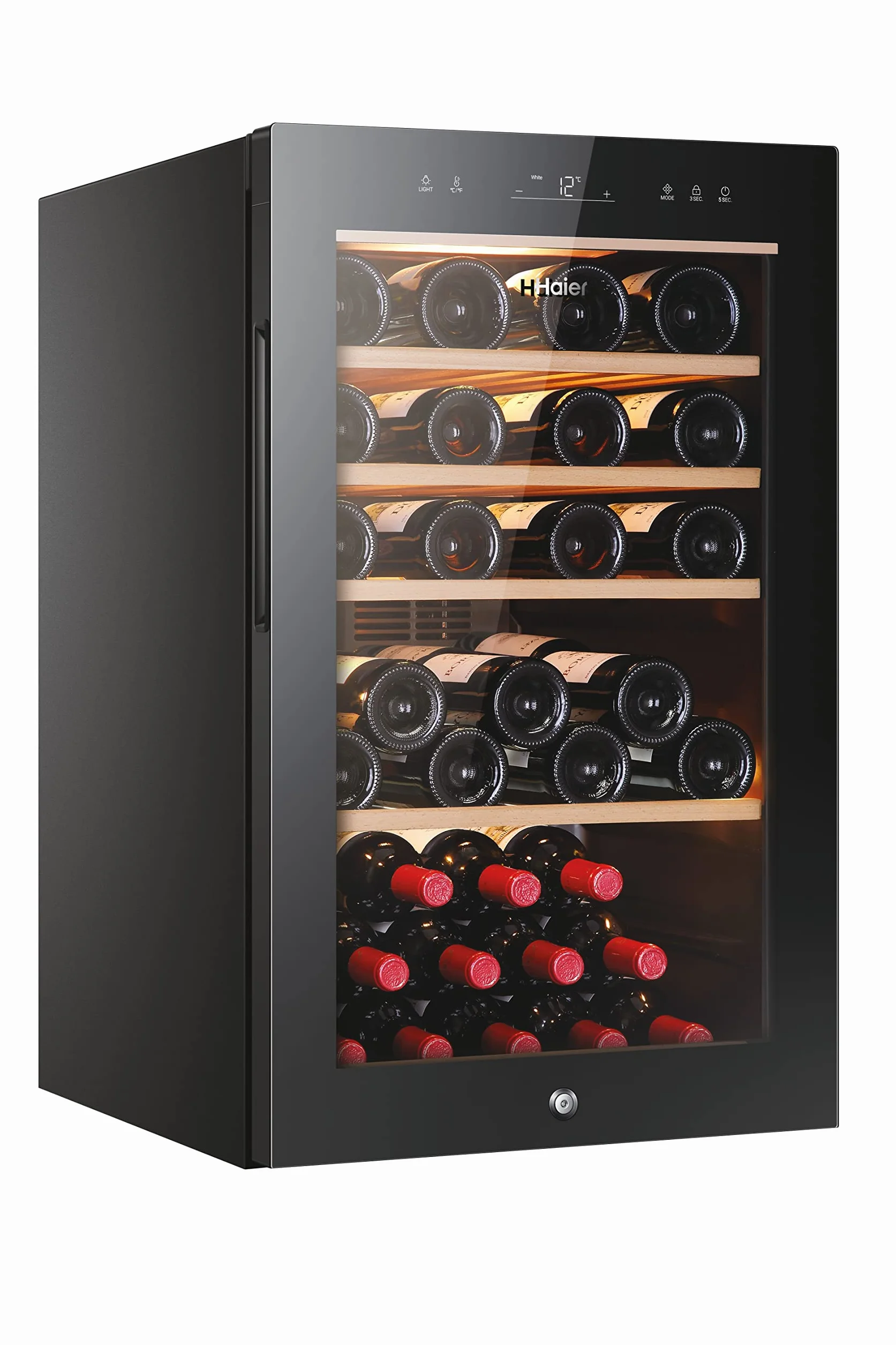 Haier HWS49GA Weinkühlschrank / 49 Flaschen / 82 cm Höhe / 1 Zone/hOn-App/UV-undurchlässige Glastür / 4 Holzablagen / 3D-LED Beleuchtsystem/Vibrationsarmer Kompressor, Schwarz